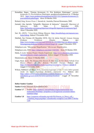 Modul Ajar Kurikulum Merdeka
Modul Ajar IPA SMP Fase D Kelas VIII
Ramadhan, Bagus. “Penemu Kromosom 23, Pria Kelahiran Pekalongan.” penemu-
kromosom 23, Pria Kelahiran Pekalongan, goodnewsfromindonesia.id, 13 Oktober
2015, https://www.goodnewsfromindonesia.id/2015/10/13/penemu-kromosom-23-
pria-kelahiran-pekalongan. Akses 20 Oktober 2020.
Rickard, Greg. Science Focus 1. Second ed., Australia, Pearson Heinemann, 2009.
Samiadi, Lika Aprialia. “Infografik: Hipertensi di Indonesia.” Infografik: Hipertensi di
Indonesia, Hello Sehat, 2 September 2020,
https://hellosehat.com/jantung/hipertensi/infografik-hipertensi-di-indonesia/#gref.
Akses 5 Desember 2020.
Sari, M., (2015). 7 Cara Kerja Hidung Manusia. https://dosenbiologi.com/manusia/cara-
kerja-hidung diakses 9 November 2020.
Shalihah, Nur Fitriatus (26 Desember 2019). Hari Ini dalam Sejarah: Letusan Gunung
Krakatau Terdahsyat Dimulai. Diakses dari:
https://www.kompas.com/tren/read/2020/08/26/120100065/hari-ini-dalam-sejarah-
letusangunung-krakatau-terdahsyat-dimulai?page=all tanggal 9 Desember 2020.
Slideplayer.com. “Microscope Magnification.” Microscope Magnification,
Slideplayer.com, 2020, https://slideplayer.com/slide/13465288/. Akses 20 Oktober 2020.
Shelly, S. (n.d.). Science Project: Density Experiment. https://www.education.com/science-
fair/article/density-simple-exploration/ diakses tanggal 14 November 2020.
Shutterstock.com. Akses 15 Oktober 2020.
Unger, Ryan. (n.d.). The Deepest Hole Known To Man Goes So Far Down Nobody Even
Knows What’s At The Bottom. Boredom Therapy. Diakses dari:
https://boredomtherapy.com/s/kola-superdeep-borehole?as=799&asv=1&bdk=0
tanggal 29 November 2020.
Wiltons, Rebbekah (13 Maret 2019). Scientists found signs of life 7.5 miles below ground,
inside the Kola Superdeep Borehole. University Fox. Diakses dari:
https://admin.universityfox.com/stories/scientists-found-signs-of-life-7-5-
milesbelow-ground-inside-the-kola-superdeep-borehole/ tanggal 29 November
2020.
Daftar Sumber Gambar
Sumber Cover Dukumen Kemendikbud 2021
Gambar 1.7 Sumber: https://usaha321.net/perbedaan-organismeuniseluler-dan-
multiseluler.html;https://penjaskes.co.id/organisme-uniseluler-dalam-
makhluk-hidup/
Gambar 1.8 https://commons.wikimedia.org/wiki/File:Neuron_or_Nerve_cell_-
_Labelled_Image.png;https://amoebamike.wordpress.com/2009/11/06/the
-cell/
 