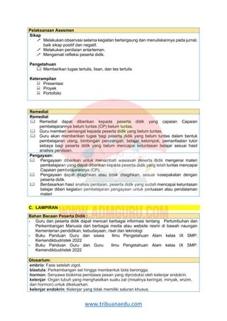 www.tribuanaedu.com
Remedial
Remedial
 Remedial dapat diberikan kepada peserta didik yang capaian Capaian
pembelajarannya belum tuntas (CP) belum tuntas.
 Guru memberi semangat kepada peserta didik yang belum tuntas.
 Guru akan memberikan tugas bagi peserta didik yang belum tuntas dalam bentuk
pembelajaran ulang, bimbingan perorangan, belajar kelompok, pemanfaatan tutor
sebaya bagi peserta didik yang belum mencapai ketuntasan belajar sesuai hasil
analisis penilaian.
Pengayaan:
 Pengayaan diberikan untuk menambah wawasan peserta didik mengenai materi
pembelajaran yang dapat diberikan kepada peserta didik yang telah tuntas mencapai
Capaian pembelajarannya (CP).
 Pengayaan dapat ditagihkan atau tidak ditagihkan, sesuai kesepakatan dengan
peserta didik.
 Berdasarkan hasil analisis penilaian, peserta didik yang sudah mencapai ketuntasan
belajar diberi kegiatan pembelajaran pengayaan untuk perluasan atau pendalaman
materi
C. LAMPIRAN
Pelaksanaan Asesmen
Sikap
 Melakukan observasi selama kegiatan berlangsung dan menuliskannya pada jurnal,
baik sikap positif dan negatif.
 Melakukan penilaian antarteman.
 Mengamati refleksi peserta didik.
Pengetahuan
 Memberikan tugas tertulis, lisan, dan tes tertulis
Keterampilan
 Presentasi
 Proyek
 Portofolio
Bahan Bacaan Peserta Didik :
- Guru dan peserta didik dapat mencari berbagai informasi tentang Pertumbuhan dan
Perkembangan Manusia dari berbagai media atau website resmi di bawah naungan
Kementerian pendidikan, kebudayaan, riset dan teknologi
- Buku Panduan Guru dan siswa Ilmu Pengetahuan Alam kelas IX SMP:
Kemendikbudristek 2022
- Buku Panduan Guru dan Guru Ilmu Pengetahuan Alam kelas IX SMP:
Kemendikbudristek 2022
Glosarium:
embrio: Fase setelah zigot.
blastula: Perkembangan sel hingga membentuk bola berongga.
hormon: Senyawa biokimia pembawa pesan yang diproduksi oleh kelenjar endokrin.
kelenjar: Organ tubuh yang menghasilkan suatu zat (misalnya keringat, minyak, enzim,
dan hormon) untuk dikeluarkan.
kelenjar endokrin: Kelenjar yang tidak memiliki saluran khusus.
 