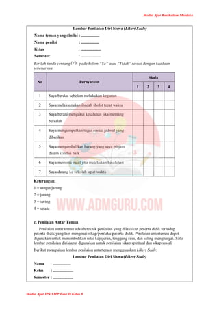 Modul Ajar Kurikulum Merdeka
Modul Ajar IPS SMP Fase D Kelas 8
Lembar Penilaian Diri Siswa (Likert Scale)
Nama teman yang dinilai : ..................
Nama penilai : ..................
Kelas : ....................
Semester : ....................
Berilah tanda centang pada kolom “Ya” atau “Tidak” sesuai dengan keadaan
sebenarnya
No Pernyataan
Skala
1 2 3 4
1 Saya berdoa sebelum melakukan kegiatan
2 Saya melaksanakan ibadah sholat tepat waktu
3 Saya berani mengakui kesalahan jika memang
bersalah
4 Saya mengumpulkan tugas sesuai jadwal yang
diberikan
5 Saya mengembalikan barang yang saya pinjam
dalam kondisi baik
6 Saya meminta maaf jika melakukan kesalahan
7 Saya datang ke sekolah tepat waktu
Keterangan:
1 = sangat jarang
2 = jarang
3 = sering
4 = selalu
c. Penilaian Antar Teman
Penilaian antar teman adalah teknik penilaian yang dilakukan peserta didik terhadap
peserta didik yang lain mengenai sikap/perilaku peserta didik. Penilaian antarteman dapat
digunakan untuk menumbuhkan nilai kejujuran, tenggang rasa, dan saling menghargai. Satu
lembar penilaian diri dapat digunakan untuk penilaian sikap spiritual dan sikap sosial.
Berikut merupakan lembar penilaian antarteman menggunakan Likert Scale.
Lembar Penilaian Diri Siswa (Likert Scale)
Nama : ..................
Kelas : ....................
Semester : ....................
 