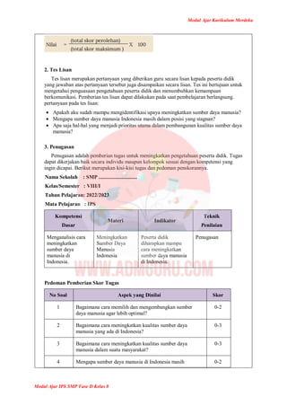 Modul Ajar Kurikulum Merdeka
Modul Ajar IPS SMP Fase D Kelas 8
2. Tes Lisan
Tes lisan merupakan pertanyaan yang diberikan guru secara lisan kepada peserta didik
yang jawaban atas pertanyaan tersebut juga disampaikan secara lisan. Tes ini bertujuan untuk
mengetahui penguasaan pengetahuan peserta didik dan menumbuhkan kemampuan
berkomunikasi. Pemberian tes lisan dapat dilakukan pada saat pembelajaran berlangsung.
pertanyaan pada tes lisan:
 Apakah aku sudah mampu mengidentifikasi upaya meningkatkan sumber daya manusia?
 Mengapa sumber daya manusia Indonesia masih dalam posisi yang stagnan?
 Apa saja hal-hal yang menjadi prioritas utama dalam pembangunan kualitas sumber daya
manusia?
3. Penugasan
Penugasan adalah pemberian tugas untuk meningkatkan pengetahuan peserta didik. Tugas
dapat dikerjakan baik secara individu maupun kelompok sesuai dengan kompetensi yang
ingin dicapai. Berikut merupakan kisi-kisi tugas dan pedoman penskorannya.
Nama Sekolah : SMP .............................
Kelas/Semester : VIII/I
Tahun Pelajaran: 2022/2023
Mata Pelajaran : IPS
Kompetensi
Dasar
Materi Indikator
Teknik
Penilaian
Menganalisis cara
meningkatkan
sumber daya
manusia di
Indonesia.
Meningkatkan
Sumber Daya
Manusia
Indonesia
Peserta didik
diharapkan mampu
cara meningkatkan
sumber daya manusia
di Indonesia.
Penugasan
Pedoman Pemberian Skor Tugas
No Soal Aspek yang Dinilai Skor
1 Bagaimana cara memilih dan mengembangkan sumber
daya manusia agar lebih optimal?
0-2
2 Bagaimana cara meningkatkan kualitas sumber daya
manusia yang ada di Indonesia?
0-3
3 Bagaimana cara meningkatkan kualitas sumber daya
manusia dalam suatu masyarakat?
0-3
4 Mengapa sumber daya manusia di Indonesia masih 0-2
 