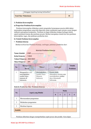 Modul Ajar Kurikulum Merdeka
Modul Ajar IPS SMP Fase D Kelas 8
dianggap tergolong kurang berkualitas?
Total Skor Maksimum 10
3. Penilaian Keterampilan
a) Pengertian Penilaian Keterampilan
Penilaian keterampilan dilakukan untuk mengetahui kemampuan peserta didik dalam
menerapkan pengetahuan yang telah diperoleh untuk melakukan tugas tertentu sesuai dengan
indikator pencapaian kompetensi. Penilaian ini dapat dilakukan dengan berbagai teknik,
seperti penilaian kinerja dan penilaian proyek. Berikut merupakan contoh kisi-kisi penilaian
keterampilan, tugas, dan pedoman pemberian skor.
b) Teknik Penilaian Keterampilan
• Penilaian kinerja
Berikut ini Kisi-kisi Penilaian Kinerja, soal/tugas, pedoman pemberian skor:
Kisi-kisi Penilaian Kinerja
Nama Sekolah : SMP .............................
Kelas/Semester : VIII/I
Tahun Pelajaran : 2022/2023
Mata Pelajaran : IPS
No
Kompetensi
Dasar
Materi Indikator
Teknik
Penilaian
1 Menganalisis cara
meningkatkan
sumber daya
manusia di
Indonesia.
Meningkatkan
Sumber Daya
Manusia
Indonesia
Peserta didik
diharapkan mampu cara
meningkatkan sumber
daya manusia di
Indonesia.
Rubrik Pemberian Skor Penilaian Kinerja
No Aspek yang Dinilai
Skala
0 1 2 3 4
1 Merencanakan pengamatan
2 Melakukan pengamatan
3 Membuat laporan
Jumlah:
Penilaian diberikan dengan memperhatikan aspek proses dan produk. Guru dapat
 