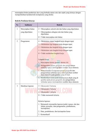 Modul Ajar Kurikulum Merdeka
Modul Ajar IPS SMP Fase D Kelas 8
menetapkan bobot pemberian skor yang berbeda antara satu dan aspek yang lainnya dengan
memperhatikan karakteristik kompetensi yang dinilai.
Rubrik Penilaian Kinerja
No Indikator Rubrik
1 Menyiapkan bahan
yang diperlukan
2 = Menyiapkan seluruh alat dan bahan yang diperlukan.
1 = Menyiapakan sebagian alat dan bahan yang
diperlukan.
0 = Tidak menyiapkan alat bahan
2 Pengamatan 4 = Melakukan empat langkah kerja dengan tepat
3 = Melakukan tiga langkah kerja dengan tepat.
2 = Melakukan dua langkah kerja dengan tepat.
1 = Melakukan satu langkah kerja dengan tepat.
0 = Tidak melakukan langkah kerja.
Langkah kerja:
1. Menyiapkan kertas gambar ukuran A4.
2. Menggambar proses geografis dan pengaruhnya
terhadap upaya meningkatkan sumber daya manusia.
3. Mencantumkan komponen proses geografis dan
pengaruhnya terhadap upaya meningkatkan sumber
daya manusia pada gambar yang di buat.
4. Memberikan warna pada kenampakan objek yang di
gambar pada proses geografis dan pengaruhnya
terhadap upaya meningkatkan sumber daya manusia.
3 Membuat laporan 3 = Memenuhi 3 kriteria
2 = Memenuhi 2 kriteria
1 = Memenuhi 1 kriteria
0 = Tidak memenuhi kriteria
Kriteria laporan:
1. Memenuhi sistematika laporan (judul, tujuan, alat dan
bahan, prosedur, data pengamatan, pembahasan,
kesimpulan)
2. Data, pembahasan, dan kesimpulan benar
3. Komunikatif
 