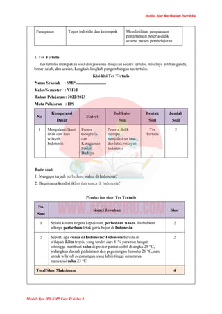 Modul Ajar Kurikulum Merdeka
Modul Ajar IPS SMP Fase D Kelas 8
Penugasan Tugas individu dan kelompok Memfasilitasi penguasaan
pengetahuan peserta didik
selama proses pembelajaran.
1. Tes Tertulis
Tes tertulis merupakan soal dan jawaban disajikan secara tertulis, misalnya pilihan ganda,
benar-salah, dan uraian. Langkah-langkah pengembangan tes tertulis:
Kisi-kisi Tes Tertulis
Nama Sekolah : SMP .............................
Kelas/Semester : VIII/I
Tahun Pelajaran : 2022/2023
Mata Pelajaran : IPS
No
Kompetensi
Dasar
Materi
Indikator
Soal
Bentuk
Soal
Jumlah
Soal
1 Mengidentifikasi
letak dan luas
wilayah
Indonesia
Proses
Geografis
dan
Keragaman
Sosial
Budaya
Peserta didik
mampu
menjelaskan luas
dan letak wilayah
Indonesia
Tes
Tertulis
2
Butir soal:
1. Mengapa terjadi perbedaan waktu di Indonesia?
2. Bagaimana kondisi iklim dan cuaca di Indonesia?
Pemberian skor Tes Tertulis
No.
Soal
Kunci Jawaban Skor
1 Selain karena negara kepulauan, perbedaan waktu disebabkan
adanya perbedaan letak garis bujur di Indonesia
2
2 Seperti apa cuaca di Indonesia? Indonesia berada di
wilayah iklim tropis, yang terdiri dari 81% perairan hangat
sehingga membuat suhu di pesisir pantai stabil di angka 28 °C,
sedangkan daerah pedalaman dan pegunungan bersuhu 26 °C, dan
untuk wilayah pegunungan yang lebih tinggi umumnya
mencapai suhu 23 °C
2
Total Skor Maksimum 4
 
