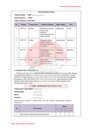 Modul Ajar Kurikulum Merdeka
Modul Ajar IPS SMP Fase D Kelas 8
Jurnal Penilaian Sikap
Nama Sekolah : SMP .............................
Kelas/Semester : VIII/I
Tahun Pelajaran: 2022/2023
No Waktu Nama Siswa Catatan Perilaku Butir Sikap Ket.
1 19/07/22 Haidar Membantu seorang
teman yang
kesulitan
menyebrang jalan di
depan sekolah
Ketaqwaan Sosial
2 19/07/22 Halwa Mengajak teman
berdoa sebelum
olahraga badminton
di sekolah.
Kepeduliaan Spiritual
3 19/07/22 Sugi Mengganggu teman
ketika berdoa
sebelum kegiatan
pembelajaran.
Toleransi
beragama
Spiritual
4 18/11/22 Said Berinisiatif
menyiram tanaman
yang mulai kering.
Ketaqwaan Sosial
b. Penilaian Diri (Self Assesment)
Penilaian diri merupakan teknik penilaian terhadap diri sendiri oleh peserta didik dengan
mengidentiikasi kelebihan dan kekurangan sikap peserta didik dalam berperilaku. Teknik
penilaian ini dapat digunakan untuk menumbuhkan nilai-nilai kejujuran dan meningkatkan
kemampuan releksi diri peserta didik. Satu tabel penilaian diri dapat digunakan untuk
penilaian sikap spiritual dan sikap sosial. Berikut merupakan lembar penilaian diri
menggunakan Likert Scale.
Lembar Penilaian Diri Siswa (Likert Scale)
Nama teman yang dinilai : ..................
Nama penilai : ..................
Kelas : ....................
Semester : ....................
Berilah tanda centang pada kolom “Ya” atau “Tidak” sesuai dengan keadaan
sebenarnya
No Pernyataan
Skala
1 2 3 4
1 Saya berdoa sebelum melakukan kegiatan
 