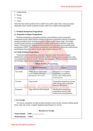 Modul Ajar Kurikulum Merdeka
Modul Ajar IPS SMP Fase D Kelas 8
1 = sangat jarang
2 = jarang
3 = sering
4 = selalu
Pada dasarnya teknik penilaian diri ini tidak hanya untuk aspek sikap, tetapi juga dapat
digunakan untuk menilai kompetensi dalam aspek kete rampilan dan pengetahuan.
2. Penilaian Kompetensi Pengetahuan
a) Pengertian Penilaian Pengetahuan
Penilaian pengetahuan merupakan penilaian yang dilakukan untuk mengetahui
kemampuan peserta didik berkaitan dengan penguasaan pengetahuan faktual, konseptual,
maupun prosedural serta kecakapan berpikir tingkat rendah hingga tinggi. Guru dapat
memilih teknik penilaian yang disesuaikan dengan karakteristik kompetensi yang akan
dinilai. Penilaian diawali dengan perencanaan pada saat menyusun rencana pelaksanaan
pembelajaran (RPP). Hasil penilaian pengetahuan yang dilakukan selama dan setelah proses
pembelajaran dinyatakan dalam bentuk angka dengan rentang 0-100.
b) Teknik Penilaian Pengetahuan
Teknik penilaian pengetahuan yang akan digunakan dapat disesuaikan dengan
karakteristik masing-masing Kmpetensi Dasar (KD). Teknik penilaian pengetahuan yang
sering digunakan yaitu tes tertulis, tes lisan, dan penugasan. Berikut merupakan penjabaran
dari berbagai teknik penilaian pengetahuan.
Teknik Penilaian Pengetahuan
Teknik Bentuk Instrumen Tujuan
Tes tertulis Pilihan ganda, benar-salah,
menjodohkan, isian atau
melengkapi, dan uraian.
Mengetahui kemampuan
penguasaan pengetahuan
peserta didik dalam proses
pembelajaran.
Tes lisan Tanya jawab Mengetahui pemahaman peserta
didik sebagai dasar perbaikan
proses pembelajaran
Penugasan Tugas individu dan kelompok Memfasilitasi penguasaan
pengetahuan peserta didik
selama proses pembelajaran.
1. Tes Tertulis
Tes tertulis merupakan soal dan jawaban disajikan secara tertulis, misalnya pilihan ganda,
benar-salah, dan uraian. Langkah-langkah pengembangan tes tertulis:
Kisi-kisi Tes Tertulis
Nama Sekolah : SMP .............................
Kelas/Semester : VIII/I
 