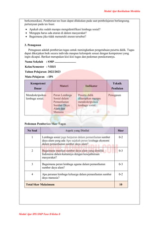 Modul Ajar Kurikulum Merdeka
Modul Ajar IPS SMP Fase D Kelas 8
berkomunikasi. Pemberian tes lisan dapat dilakukan pada saat pembelajaran berlangsung.
pertanyaan pada tes lisan:
 Apakah aku sudah mampu mengidentifikasi lembaga sosial?
 Mengapa harus ada aturan di dalam masyarakat?
 Bagaimana jika tidak mematuhi aturan tersebut?
3. Penugasan
Penugasan adalah pemberian tugas untuk meningkatkan pengetahuan peserta didik. Tugas
dapat dikerjakan baik secara individu maupun kelompok sesuai dengan kompetensi yang
ingin dicapai. Berikut merupakan kisi-kisi tugas dan pedoman penskorannya.
Nama Sekolah : SMP .............................
Kelas/Semester : VIII/I
Tahun Pelajaran: 2022/2023
Mata Pelajaran : IPS
Kompetensi
Dasar
Materi Indikator
Teknik
Penilaian
Mendeskripsikan
lembaga sosial.
Peran Lembaga
Sosial dalam
Pemanfaatan
Sumber Daya
Alam dan
Manusia
Peserta didik
diharapkan mampu
mendeskripsikan
lembaga sosial.
Penugasan
Pedoman Pemberian Skor Tugas
No Soal Aspek yang Dinilai Skor
1 Lembaga sosial juga berperan dalam pemanfaatan sumber
daya alam yang ada Apa sajakah peran lembaga ekonomi
dalam pemanfaatan sumber daya alam?
0-2
2 Bagaimana manfaat sumber daya alam yang dimiliki
Indonesia dalam kaitannya dengan kesejahteraan
masyarakat?
0-3
3 Bagaimana peran lembaga agama dalam pemanfaatan
sumber daya alam?
0-3
4 Apa peranan lembaga keluarga dalam pemanfaatan sumber
daya manusia?
0-2
Total Skor Maksimum 10
 