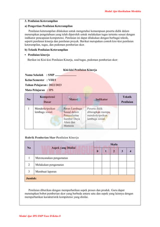 Modul Ajar Kurikulum Merdeka
Modul Ajar IPS SMP Fase D Kelas 8
3. Penilaian Keterampilan
a) Pengertian Penilaian Keterampilan
Penilaian keterampilan dilakukan untuk mengetahui kemampuan peserta didik dalam
menerapkan pengetahuan yang telah diperoleh untuk melakukan tugas tertentu sesuai dengan
indikator pencapaian kompetensi. Penilaian ini dapat dilakukan dengan berbagai teknik,
seperti penilaian kinerja dan penilaian proyek. Berikut merupakan contoh kisi-kisi penilaian
keterampilan, tugas, dan pedoman pemberian skor.
b) Teknik Penilaian Keterampilan
• Penilaian kinerja
Berikut ini Kisi-kisi Penilaian Kinerja, soal/tugas, pedoman pemberian skor:
Kisi-kisi Penilaian Kinerja
Nama Sekolah : SMP .............................
Kelas/Semester : VIII/I
Tahun Pelajaran : 2022/2023
Mata Pelajaran : IPS
No
Kompetensi
Dasar
Materi Indikator
Teknik
Penilaian
1 Mendeskripsikan
lembaga sosial.
Peran Lembaga
Sosial dalam
Pemanfaatan
Sumber Daya
Alam dan
Manusia
Peserta didik
diharapkan mampu
mendeskripsikan
lembaga sosial.
Rubrik Pemberian Skor Penilaian Kinerja
No Aspek yang Dinilai
Skala
0 1 2 3 4
1 Merencanakan pengamatan
2 Melakukan pengamatan
3 Membuat laporan
Jumlah:
Penilaian diberikan dengan memperhatikan aspek proses dan produk. Guru dapat
menetapkan bobot pemberian skor yang berbeda antara satu dan aspek yang lainnya dengan
memperhatikan karakteristik kompetensi yang dinilai.
 
