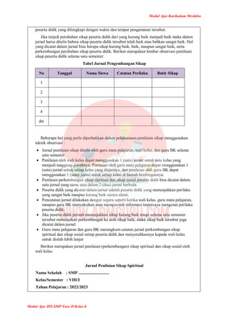 Modul Ajar Kurikulum Merdeka
Modul Ajar IPS SMP Fase D Kelas 8
peserta didik yang dilengkapi dengan waktu dan tempat pengamatan tersebut.
Jika terjadi perubahan sikap peserta didik dari yang kurang baik menjadi baik maka dalam
jurnal harus ditulis bahwa sikap peserta didik tersebut telah baik atau bahkan sangat baik. Hal
yang dicatat dalam jurnal bisa berupa sikap kurang baik, baik, maupun sangat baik, serta
perkembangan perubahan sikap peserta didik. Berikut merupakan lembar observasi penilaian
sikap peserta didik selama satu semester:
Tabel Jurnal Pengembangan Sikap
No Tanggal Nama Siswa Catatan Perilaku Butir Sikap
1
2
3
4
dst
Beberapa hal yang perlu diperhatikan dalam pelaksanaan penilaian sikap menggunakan
teknik observasi :
 Jurnal penilaian sikap ditulis oleh guru mata pelajaran, wali kelas, dan guru BK selama
satu semester.
 Penilaian oleh wali kelas dapat menggunakan 1 (satu) jurnal untuk satu kelas yang
menjadi tanggung-jawabnya. Penilaian oleh guru mata pelajaran dapat menggunakan 1
(satu) jurnal untuk setiap kelas yang diajarnya, dan penilaian oleh guru BK dapat
menggunakan 1 (satu) jurnal untuk setiap kelas di bawah bimbingannya.
 Penilaian perkembangan sikap sipritual dan sikap sosial peserta didik bisa dicatat dalam
satu jurnal yang sama atau dalam 2 (dua) jurnal berbeda.
 Peserta didik yang dicatat dalam jurnal adalah peserta didik yang menunjukkan perilaku
yang sangat baik maupun kurang baik secara alami.
 Pencatatan jurnal dilakukan dengan segera seperti ketika wali kelas, guru mata pelajaran,
maupun guru BK menyaksikan atau memperoleh informasi terpercaya mengenai perilaku
peserta didik.
 Jika peserta didik pernah menunjukkan sikap kurang baik tetapi selama satu semester
tersebut menunjukan perkembangan ke arah sikap baik, maka sikap baik tersebut juga
dicatat dalam jurnal.
 Guru mata pelajaran dan guru BK merangkum catatan jurnal perkembangan sikap
spiritual dan sikap sosial setiap peserta didik dan menyerahkannya kepada wali kelas
untuk diolah lebih lanjut
Berikut merupakan jurnal penilaian (perkembangan) sikap spiritual dan sikap sosial oleh
wali kelas.
Jurnal Penilaian Sikap Spiritual
Nama Sekolah : SMP .............................
Kelas/Semester : VIII/I
Tahun Pelajaran : 2022/2023
 