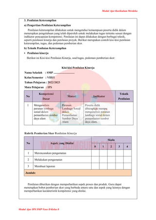 Modul Ajar Kurikulum Merdeka
Modul Ajar IPS SMP Fase D Kelas 8
3. Penilaian Keterampilan
a) Pengertian Penilaian Keterampilan
Penilaian keterampilan dilakukan untuk mengetahui kemampuan peserta didik dalam
menerapkan pengetahuan yang telah diperoleh untuk melakukan tugas tertentu sesuai dengan
indikator pencapaian kompetensi. Penilaian ini dapat dilakukan dengan berbagai teknik,
seperti penilaian kinerja dan penilaian proyek. Berikut merupakan contoh kisi-kisi penilaian
keterampilan, tugas, dan pedoman pemberian skor.
b) Teknik Penilaian Keterampilan
• Penilaian kinerja
Berikut ini Kisi-kisi Penilaian Kinerja, soal/tugas, pedoman pemberian skor:
Kisi-kisi Penilaian Kinerja
Nama Sekolah : SMP .............................
Kelas/Semester : VIII/I
Tahun Pelajaran : 2022/2023
Mata Pelajaran : IPS
No
Kompetensi
Dasar
Materi Indikator
Teknik
Penilaian
1 Menganalisis
peranan lembaga
sosial dalam
pemanfaatan sumber
daya alam
Peranan
Lembaga Sosial
dalam
Pemanfaatan
Sumber Daya
Alam
Peserta didik
diharapkan mampu
menganalisis peranan
lembaga sosial dalam
pemanfaatan sumber
daya alam.
Rubrik Pemberian Skor Penilaian Kinerja
No Aspek yang Dinilai
Skala
0 1 2 3 4
1 Merencanakan pengamatan
2 Melakukan pengamatan
3 Membuat laporan
Jumlah:
Penilaian diberikan dengan memperhatikan aspek proses dan produk. Guru dapat
menetapkan bobot pemberian skor yang berbeda antara satu dan aspek yang lainnya dengan
memperhatikan karakteristik kompetensi yang dinilai.
 