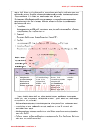 Modul Ajar Kurikulum Merdeka
Modul Ajar IPS SMP Fase D Kelas 8
peserta didik dalam mengimplementasikan pengetahuannya melalui penyelesaian suatu tugas
dalam waktu tertentu. Penilaian ini dapat digunakan untuk mengukur satu maupun beberapa
Kompetensi Dasar (KD) dalam satu atau beberapa mata pelajaran.
Kegiatan yang dilakukan dimulai dengan perencanaan, pengumpulan, pengorganisasian,
pengolahan, penyajian, dan pelaporan. Beberapa hal yang perlu dipertimbangkan dalam
penilaian proyek, yaitu:
1) Pengelolaan
Kemampuan peserta didik untuk menentukan tema atau topik, mengumpulkan informasi,
pengolahan data, dan penulisan laporan.
2) Relevansi
Tema yang dipilih sesuai dengan Kompetensi Dasar (KD).
3) Keaslian
Laporan atau produk yang dibuat peserta didik merupakan hasil karyanya.
4) Inovasi dan Kreativitas
Terdapat unsur-unsur kebaruan dan berbeda pada produk yang dihasilkan peserta didik.
Kisi-kisi Penilaian Proyek
Nama Sekolah : SMP .............................
Kelas/Semester : VIII/I
Tahun Pelajaran : 2022/2023
Mata Pelajaran : IPS
No
Kompetensi
Dasar
Materi Indikator
Teknik
Penilaian
1 Menganalisis
peranan lembaga
sosial dalam
pemanfaatan
sumber daya alam
Peranan Lembaga
Sosial dalam
Pemanfaatan
Sumber Daya
Alam
Peserta didik
diharapkan mampu
menganalisis
peranan lembaga
sosial dalam
pemanfaatan
sumber daya alam.
Penilaian
Proyek
Proyek : Buatlah poster salah satu tujuan peranan lembaga sosial dalam pemanfaatan
sumber daya alam menggunakan kertas gambar ukuran A3, pensil warna atau cat air dengan
memperhatikan hal- hal berikut!
1. Pilihlah salah satu tujuan peranan lembaga sosial dalam pemanfaatan sumber daya alam.
2. Amati tujuan tersebut apakah telah tercapai atau belum tercapai di Indonesia lalu
sampaikan dalam poster.
3. Gambar salah satu tujuan peranan lembaga sosial dalam pemanfaatan sumber daya alam
yang telah dipilih!
4. Tuliskan peranan lembaga sosial dalam pemanfaatan sumber daya alam konsep dari poster
yang akan peserta didik sampaikan!
 