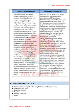 Modul Ajar Kurikulum Merdeka
Modul Ajar IPS SMP Fase D Kelas 8
Elemen Pemahaman Konsep Elemen Keterampilan proses
Pada akhir fase ini, peserta didik
mampu memahami dan memiliki
kesadaran akan keberadaan diri serta
mampu berinteraksi dengan
lingkungan terdekatnya. Ia mampu
menganalisis hubungan antara kondisi
geografis daerah dengan karakteristik
masyarakat dan memahami potensi
sumber daya alam serta kaitannya
dengan mitigasi kebencanaan . Ia juga
mampu menganalisis hubungan antara
keragaman kondisi geografis nusantara
terhadap pembentukan kemajemukan
budaya. Ia mampu memahami
bagaimana masyarakat saling berupaya
untuk dapat memenuhi kebutuhan
hidupnya. Ia mampu menganalisis peran
pemerintah dan masyarakat dalam
mendorong pertumbuhan perekonomian.
Peserta didik juga mampu memahami
dan memiliki kesadaran terhadap
perubahan sosial yang sedang terjadi di
era kontemporer. Ia dapat menganalisis
perkembangan ekonomi di era digital.
Peserta didik memahami tantangan
pembangunan dan potensi Indonesia
menjadi negara maju. Ia menyadari
perannya sebagai bagian dari masyarakat
Indonesia dan dunia di tengah isu-isu
regional dan global yang sedang terjadi
dan ikut memberikan kontribusi yang
positif.
Pada akhir fase ini, Peserta didik mampu
memahami dan menerapkan materi
pembelajaran melalui pendekatan
keterampilan proses dalam belajarnya, yaitu
mengamati, menanya dengan rumus 5W
1H. Kemudian mampu memperkirakan apa
yang akan terjadi berdasarkan jawaban-
jawaban yang ditemukan. Peserta didik juga
mampu mengumpulkan informasi melalui
studi pustaka, studi dokumen, lapangan,
wawancara, observasi, kuesioner, dan
teknik pengumpulan informasi lainnya.
merencanakan dan mengembangkan
penyelidikan. Peserta didik
mengorganisasikan informasi dengan
memilih, mengolah dan menganalisis
informasi yang diperoleh. Proses analisis
informasi dilakukan dengan cara verifikasi,
interpretasi, dan triangulasi informasi.
Peserta didik menarik kesimpulan,
menjawab, mengukur dan mendeskripsikan
serta menjelaskan permasalahan yang ada
dengan memenuhi prosedur dan tahapan
yang ditetapkan. Peserta didik
mengungkapkan seluruh hasil tahapan di
atas secara lisan dan tulisan dalam bentuk
media digital dan non-digital. Peserta didik
lalu mengomunikasikan hasil temuannya
dengan mempublikasikan hasil laporan
dalam bentuk presentasi digital dan atau
non digital, dan sebagainya. Selain itu
peserta didik mampu mengevaluasi
pengalaman belajar yang telah dilalui dan
diharapkan dapat merencanakan proyek
lanjutan dengan melibatkan lintas mata
pelajaran secara kolaboratif.
C. PROFIL PELAJAR PANCASILA
 Beriman, Bertakwa Kepada Tuhan Yang Maha Esa, dan Berahlak Mulia;
 Berkebhinekaan Global;
 Bergotong Royong;
 Mandiri;
 Bernalar Kritis; dan
 Kreatif.
 
