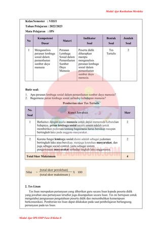 Modul Ajar Kurikulum Merdeka
Modul Ajar IPS SMP Fase D Kelas 8
Kelas/Semester : VIII/I
Tahun Pelajaran : 2022/2023
Mata Pelajaran : IPS
No
Kompetensi
Dasar
Materi
Indikator
Soal
Bentuk
Soal
Jumlah
Soal
1 Menganalisis
peranan lembaga
sosial dalam
pemanfaatan
sumber daya
manusia
Peranan
Lembaga
Sosial dalam
Pemanfaatan
Sumber
Daya
Manusia
Peserta didik
diharapkan
mampu
menganalisis
peranan lembaga
sosial dalam
pemanfaatan
sumber daya
manusia.
Tes
Tertulis
2
Butir soal:
1. Apa peranan lembaga sosial dalam pemanfaatan sumber daya manusia?
2. Bagaimana peran lembaga sosial terhadap kehidupan manusia?
Pemberian skor Tes Tertulis
No.
Soal
Kunci Jawaban Skor
1 Berkaitan dengan usaha manusia untuk dapat memenuhi kebutuhan
hidupnya, peran lembaga sosial secara umum adalah untuk
memberikan pedoman tentang bagaimana harus bersikap maupun
bertingkah laku pada anggota masyarakat.
2
2 Karena fungsi lembaga sosial disini adalah sebagai pedoman
bertingkah laku atau bersikap, menjaga keutuhan masyarakat, dan
juga sebagai social control, yaitu sebagai sistem
pengawasaan masyarakat terhadap tingkah laku anggotanya.
2
Total Skor Maksimum 4
2. Tes Lisan
Tes lisan merupakan pertanyaan yang diberikan guru secara lisan kepada peserta didik
yang jawaban atas pertanyaan tersebut juga disampaikan secara lisan. Tes ini bertujuan untuk
mengetahui penguasaan pengetahuan peserta didik dan menumbuhkan kemampuan
berkomunikasi. Pemberian tes lisan dapat dilakukan pada saat pembelajaran berlangsung.
pertanyaan pada tes lisan:
 