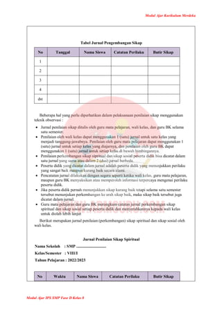 Modul Ajar Kurikulum Merdeka
Modul Ajar IPS SMP Fase D Kelas 8
Tabel Jurnal Pengembangan Sikap
No Tanggal Nama Siswa Catatan Perilaku Butir Sikap
1
2
3
4
dst
Beberapa hal yang perlu diperhatikan dalam pelaksanaan penilaian sikap menggunakan
teknik observasi :
 Jurnal penilaian sikap ditulis oleh guru mata pelajaran, wali kelas, dan guru BK selama
satu semester.
 Penilaian oleh wali kelas dapat menggunakan 1 (satu) jurnal untuk satu kelas yang
menjadi tanggung-jawabnya. Penilaian oleh guru mata pelajaran dapat menggunakan 1
(satu) jurnal untuk setiap kelas yang diajarnya, dan penilaian oleh guru BK dapat
menggunakan 1 (satu) jurnal untuk setiap kelas di bawah bimbingannya.
 Penilaian perkembangan sikap sipritual dan sikap sosial peserta didik bisa dicatat dalam
satu jurnal yang sama atau dalam 2 (dua) jurnal berbeda.
 Peserta didik yang dicatat dalam jurnal adalah peserta didik yang menunjukkan perilaku
yang sangat baik maupun kurang baik secara alami.
 Pencatatan jurnal dilakukan dengan segera seperti ketika wali kelas, guru mata pelajaran,
maupun guru BK menyaksikan atau memperoleh informasi terpercaya mengenai perilaku
peserta didik.
 Jika peserta didik pernah menunjukkan sikap kurang baik tetapi selama satu semester
tersebut menunjukan perkembangan ke arah sikap baik, maka sikap baik tersebut juga
dicatat dalam jurnal.
 Guru mata pelajaran dan guru BK merangkum catatan jurnal perkembangan sikap
spiritual dan sikap sosial setiap peserta didik dan menyerahkannya kepada wali kelas
untuk diolah lebih lanjut
Berikut merupakan jurnal penilaian (perkembangan) sikap spiritual dan sikap sosial oleh
wali kelas.
Jurnal Penilaian Sikap Spiritual
Nama Sekolah : SMP .............................
Kelas/Semester : VIII/I
Tahun Pelajaran : 2022/2023
No Waktu Nama Siswa Catatan Perilaku Butir Sikap
 
