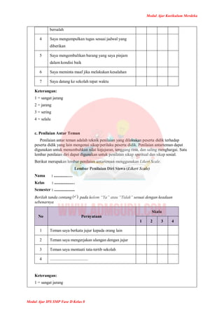 Modul Ajar Kurikulum Merdeka
Modul Ajar IPS SMP Fase D Kelas 8
bersalah
4 Saya mengumpulkan tugas sesuai jadwal yang
diberikan
5 Saya mengembalikan barang yang saya pinjam
dalam kondisi baik
6 Saya meminta maaf jika melakukan kesalahan
7 Saya datang ke sekolah tepat waktu
Keterangan:
1 = sangat jarang
2 = jarang
3 = sering
4 = selalu
c. Penilaian Antar Teman
Penilaian antar teman adalah teknik penilaian yang dilakukan peserta didik terhadap
peserta didik yang lain mengenai sikap/perilaku peserta didik. Penilaian antarteman dapat
digunakan untuk menumbuhkan nilai kejujuran, tenggang rasa, dan saling menghargai. Satu
lembar penilaian diri dapat digunakan untuk penilaian sikap spiritual dan sikap sosial.
Berikut merupakan lembar penilaian antarteman menggunakan Likert Scale.
Lembar Penilaian Diri Siswa (Likert Scale)
Nama : ..................
Kelas : ....................
Semester : ....................
Berilah tanda centang pada kolom “Ya” atau “Tidak” sesuai dengan keadaan
sebenarnya
No Pernyataan
Skala
1 2 3 4
1 Teman saya berkata jujur kepada orang lain
2 Teman saya mengerjakan ulangan dengan jujur
3 Teman saya mentaati tata-tertib sekolah
4 .....................................
Keterangan:
1 = sangat jarang
 