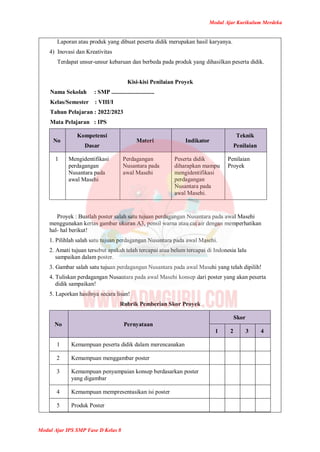 Modul Ajar Kurikulum Merdeka
Modul Ajar IPS SMP Fase D Kelas 8
Laporan atau produk yang dibuat peserta didik merupakan hasil karyanya.
4) Inovasi dan Kreativitas
Terdapat unsur-unsur kebaruan dan berbeda pada produk yang dihasilkan peserta didik.
Kisi-kisi Penilaian Proyek
Nama Sekolah : SMP .............................
Kelas/Semester : VIII/I
Tahun Pelajaran : 2022/2023
Mata Pelajaran : IPS
No
Kompetensi
Dasar
Materi Indikator
Teknik
Penilaian
1 Mengidentifikasi
perdagangan
Nusantara pada
awal Masehi
Perdagangan
Nusantara pada
awal Masehi
Peserta didik
diharapkan mampu
mengidentifikasi
perdagangan
Nusantara pada
awal Masehi.
Penilaian
Proyek
Proyek : Buatlah poster salah satu tujuan perdagangan Nusantara pada awal Masehi
menggunakan kertas gambar ukuran A3, pensil warna atau cat air dengan memperhatikan
hal- hal berikut!
1. Pilihlah salah satu tujuan perdagangan Nusantara pada awal Masehi.
2. Amati tujuan tersebut apakah telah tercapai atau belum tercapai di Indonesia lalu
sampaikan dalam poster.
3. Gambar salah satu tujuan perdagangan Nusantara pada awal Masehi yang telah dipilih!
4. Tuliskan perdagangan Nusantara pada awal Masehi konsep dari poster yang akan peserta
didik sampaikan!
5. Laporkan hasilnya secara lisan!
Rubrik Pemberian Skor Proyek
No Pernyataan
Skor
1 2 3 4
1 Kemampuan peserta didik dalam merencanakan
2 Kemampuan menggambar poster
3 Kemampuan penyampaian konsep berdasarkan poster
yang digambar
4 Kemampuan mempresentasikan isi poster
5 Produk Poster
 