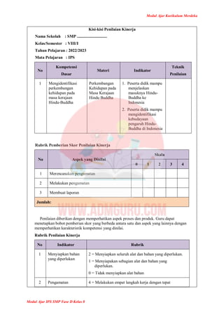 Modul Ajar Kurikulum Merdeka
Modul Ajar IPS SMP Fase D Kelas 8
Kisi-kisi Penilaian Kinerja
Nama Sekolah : SMP .............................
Kelas/Semester : VIII/I
Tahun Pelajaran : 2022/2023
Mata Pelajaran : IPS
No
Kompetensi
Dasar
Materi Indikator
Teknik
Penilaian
1 Mengidentifikasi
perkembangan
kehidupan pada
masa kerajaan
Hindu-Buddha
Perkembangan
Kehidupan pada
Masa Kerajaan
Hindu Buddha
1. Peserta didik mampu
menjelaskan
masuknya Hindu-
Buddha ke
Indonesia
2. Peserta didik mampu
mengidentifikasi
kebudayaan
pengaruh Hindu-
Buddha di Indonesia
Rubrik Pemberian Skor Penilaian Kinerja
No Aspek yang Dinilai
Skala
0 1 2 3 4
1 Merencanakan pengamatan
2 Melakukan pengamatan
3 Membuat laporan
Jumlah:
Penilaian diberikan dengan memperhatikan aspek proses dan produk. Guru dapat
menetapkan bobot pemberian skor yang berbeda antara satu dan aspek yang lainnya dengan
memperhatikan karakteristik kompetensi yang dinilai.
Rubrik Penilaian Kinerja
No Indikator Rubrik
1 Menyiapkan bahan
yang diperlukan
2 = Menyiapkan seluruh alat dan bahan yang diperlukan.
1 = Menyiapakan sebagian alat dan bahan yang
diperlukan.
0 = Tidak menyiapkan alat bahan
2 Pengamatan 4 = Melakukan empat langkah kerja dengan tepat
 