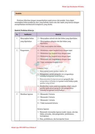 Modul Ajar Kurikulum Merdeka
Modul Ajar IPS SMP Fase D Kelas 8
Jumlah:
Penilaian diberikan dengan memperhatikan aspek proses dan produk. Guru dapat
menetapkan bobot pemberian skor yang berbeda antara satu dan aspek yang lainnya dengan
memperhatikan karakteristik kompetensi yang dinilai.
Rubrik Penilaian Kinerja
No Indikator Rubrik
1 Menyiapkan bahan
yang diperlukan
2 = Menyiapkan seluruh alat dan bahan yang diperlukan.
1 = Menyiapakan sebagian alat dan bahan yang
diperlukan.
0 = Tidak menyiapkan alat bahan
2 Pengamatan 4 = Melakukan empat langkah kerja dengan tepat
3 = Melakukan tiga langkah kerja dengan tepat.
2 = Melakukan dua langkah kerja dengan tepat.
1 = Melakukan satu langkah kerja dengan tepat.
0 = Tidak melakukan langkah kerja.
Langkah kerja:
1. Menyiapkan kertas gambar ukuran A4.
2. Menggambar proses geografis dan pengaruhnya
terhadap keragaman sosial budaya.
3. Mencantumkan komponen proses geografis dan
pengaruhnya terhadap keragaman sosial budaya pada
gambar yang di buat.
4. Memberikan warna pada kenampakan objek yang di
gambar pada proses geografis dan pengaruhnya
terhadap keragaman sosial budaya.
3 Membuat laporan 3 = Memenuhi 3 kriteria
2 = Memenuhi 2 kriteria
1 = Memenuhi 1 kriteria
0 = Tidak memenuhi kriteria
Kriteria laporan:
1. Memenuhi sistematika laporan (judul, tujuan, alat dan
bahan, prosedur, data pengamatan, pembahasan,
kesimpulan)
2. Data, pembahasan, dan kesimpulan benar
 