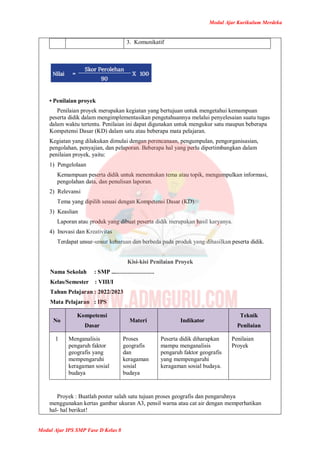 Modul Ajar Kurikulum Merdeka
Modul Ajar IPS SMP Fase D Kelas 8
3. Komunikatif
• Penilaian proyek
Penilaian proyek merupakan kegiatan yang bertujuan untuk mengetahui kemampuan
peserta didik dalam mengimplementasikan pengetahuannya melalui penyelesaian suatu tugas
dalam waktu tertentu. Penilaian ini dapat digunakan untuk mengukur satu maupun beberapa
Kompetensi Dasar (KD) dalam satu atau beberapa mata pelajaran.
Kegiatan yang dilakukan dimulai dengan perencanaan, pengumpulan, pengorganisasian,
pengolahan, penyajian, dan pelaporan. Beberapa hal yang perlu dipertimbangkan dalam
penilaian proyek, yaitu:
1) Pengelolaan
Kemampuan peserta didik untuk menentukan tema atau topik, mengumpulkan informasi,
pengolahan data, dan penulisan laporan.
2) Relevansi
Tema yang dipilih sesuai dengan Kompetensi Dasar (KD).
3) Keaslian
Laporan atau produk yang dibuat peserta didik merupakan hasil karyanya.
4) Inovasi dan Kreativitas
Terdapat unsur-unsur kebaruan dan berbeda pada produk yang dihasilkan peserta didik.
Kisi-kisi Penilaian Proyek
Nama Sekolah : SMP .............................
Kelas/Semester : VIII/I
Tahun Pelajaran : 2022/2023
Mata Pelajaran : IPS
No
Kompetensi
Dasar
Materi Indikator
Teknik
Penilaian
1 Menganalisis
pengaruh faktor
geografis yang
mempengaruhi
keragaman sosial
budaya
Proses
geografis
dan
keragaman
sosial
budaya
Peserta didik diharapkan
mampu menganalisis
pengaruh faktor geografis
yang mempengaruhi
keragaman sosial budaya.
Penilaian
Proyek
Proyek : Buatlah poster salah satu tujuan proses geografis dan pengaruhnya
menggunakan kertas gambar ukuran A3, pensil warna atau cat air dengan memperhatikan
hal- hal berikut!
 