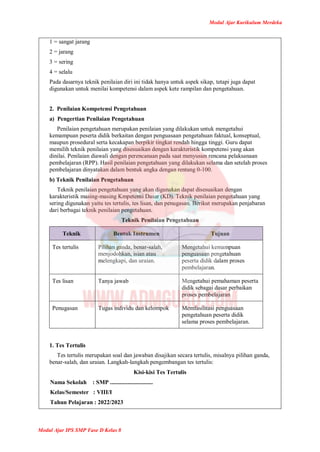 Modul Ajar Kurikulum Merdeka
Modul Ajar IPS SMP Fase D Kelas 8
1 = sangat jarang
2 = jarang
3 = sering
4 = selalu
Pada dasarnya teknik penilaian diri ini tidak hanya untuk aspek sikap, tetapi juga dapat
digunakan untuk menilai kompetensi dalam aspek kete rampilan dan pengetahuan.
2. Penilaian Kompetensi Pengetahuan
a) Pengertian Penilaian Pengetahuan
Penilaian pengetahuan merupakan penilaian yang dilakukan untuk mengetahui
kemampuan peserta didik berkaitan dengan penguasaan pengetahuan faktual, konseptual,
maupun prosedural serta kecakapan berpikir tingkat rendah hingga tinggi. Guru dapat
memilih teknik penilaian yang disesuaikan dengan karakteristik kompetensi yang akan
dinilai. Penilaian diawali dengan perencanaan pada saat menyusun rencana pelaksanaan
pembelajaran (RPP). Hasil penilaian pengetahuan yang dilakukan selama dan setelah proses
pembelajaran dinyatakan dalam bentuk angka dengan rentang 0-100.
b) Teknik Penilaian Pengetahuan
Teknik penilaian pengetahuan yang akan digunakan dapat disesuaikan dengan
karakteristik masing-masing Kmpetensi Dasar (KD). Teknik penilaian pengetahuan yang
sering digunakan yaitu tes tertulis, tes lisan, dan penugasan. Berikut merupakan penjabaran
dari berbagai teknik penilaian pengetahuan.
Teknik Penilaian Pengetahuan
Teknik Bentuk Instrumen Tujuan
Tes tertulis Pilihan ganda, benar-salah,
menjodohkan, isian atau
melengkapi, dan uraian.
Mengetahui kemampuan
penguasaan pengetahuan
peserta didik dalam proses
pembelajaran.
Tes lisan Tanya jawab Mengetahui pemahaman peserta
didik sebagai dasar perbaikan
proses pembelajaran
Penugasan Tugas individu dan kelompok Memfasilitasi penguasaan
pengetahuan peserta didik
selama proses pembelajaran.
1. Tes Tertulis
Tes tertulis merupakan soal dan jawaban disajikan secara tertulis, misalnya pilihan ganda,
benar-salah, dan uraian. Langkah-langkah pengembangan tes tertulis:
Kisi-kisi Tes Tertulis
Nama Sekolah : SMP .............................
Kelas/Semester : VIII/I
Tahun Pelajaran : 2022/2023
 