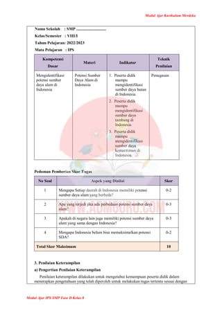 Modul Ajar Kurikulum Merdeka
Modul Ajar IPS SMP Fase D Kelas 8
Nama Sekolah : SMP .............................
Kelas/Semester : VIII/I
Tahun Pelajaran: 2022/2023
Mata Pelajaran : IPS
Kompetensi
Dasar
Materi Indikator
Teknik
Penilaian
Mengidentifikasi
potensi sumber
daya alam di
Indonesia
Potensi Sumber
Daya Alam di
Indonesia
1. Peserta didik
mampu
mengidentifikasi
sumber daya hutan
di Indonesia.
2. Peserta didik
mampu
mengidentifikasi
sumber daya
tambang di
Indonesia.
3. Peserta didik
mampu
mengidentifikasi
sumber daya
kemaritiman di
Indonesia.
Penugasan
Pedoman Pemberian Skor Tugas
No Soal Aspek yang Dinilai Skor
1 Mengapa Setiap daerah di Indonesia memiliki potensi
sumber daya alam yang berbeda?
0-2
2 Apa yang terjadi jika ada perbedaan potensi sumber daya
alam?
0-3
3 Apakah di negara lain juga memiliki potensi sumber daya
alam yang sama dengan Indonesia?
0-3
4 Mengapa Indonesia belum bisa memaksimalkan potensi
SDA?
0-2
Total Skor Maksimum 10
3. Penilaian Keterampilan
a) Pengertian Penilaian Keterampilan
Penilaian keterampilan dilakukan untuk mengetahui kemampuan peserta didik dalam
menerapkan pengetahuan yang telah diperoleh untuk melakukan tugas tertentu sesuai dengan
 