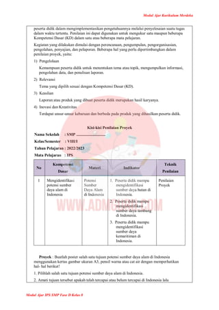 Modul Ajar Kurikulum Merdeka
Modul Ajar IPS SMP Fase D Kelas 8
peserta didik dalam mengimplementasikan pengetahuannya melalui penyelesaian suatu tugas
dalam waktu tertentu. Penilaian ini dapat digunakan untuk mengukur satu maupun beberapa
Kompetensi Dasar (KD) dalam satu atau beberapa mata pelajaran.
Kegiatan yang dilakukan dimulai dengan perencanaan, pengumpulan, pengorganisasian,
pengolahan, penyajian, dan pelaporan. Beberapa hal yang perlu dipertimbangkan dalam
penilaian proyek, yaitu:
1) Pengelolaan
Kemampuan peserta didik untuk menentukan tema atau topik, mengumpulkan informasi,
pengolahan data, dan penulisan laporan.
2) Relevansi
Tema yang dipilih sesuai dengan Kompetensi Dasar (KD).
3) Keaslian
Laporan atau produk yang dibuat peserta didik merupakan hasil karyanya.
4) Inovasi dan Kreativitas
Terdapat unsur-unsur kebaruan dan berbeda pada produk yang dihasilkan peserta didik.
Kisi-kisi Penilaian Proyek
Nama Sekolah : SMP .............................
Kelas/Semester : VIII/I
Tahun Pelajaran : 2022/2023
Mata Pelajaran : IPS
No
Kompetensi
Dasar
Materi Indikator
Teknik
Penilaian
1 Mengidentifikasi
potensi sumber
daya alam di
Indonesia
Potensi
Sumber
Daya Alam
di Indonesia
1. Peserta didik mampu
mengidentifikasi
sumber daya hutan di
Indonesia.
2. Peserta didik mampu
mengidentifikasi
sumber daya tambang
di Indonesia.
3. Peserta didik mampu
mengidentifikasi
sumber daya
kemaritiman di
Indonesia.
Penilaian
Proyek
Proyek : Buatlah poster salah satu tujuan potensi sumber daya alam di Indonesia
menggunakan kertas gambar ukuran A3, pensil warna atau cat air dengan memperhatikan
hal- hal berikut!
1. Pilihlah salah satu tujuan potensi sumber daya alam di Indonesia.
2. Amati tujuan tersebut apakah telah tercapai atau belum tercapai di Indonesia lalu
 