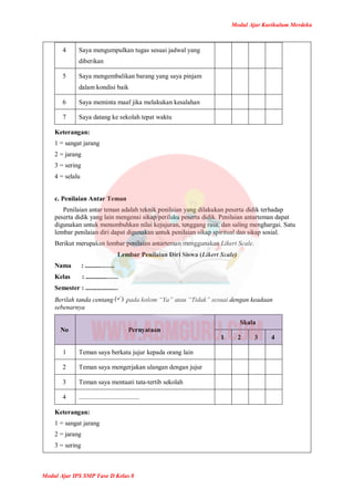 Modul Ajar Kurikulum Merdeka
Modul Ajar IPS SMP Fase D Kelas 8
4 Saya mengumpulkan tugas sesuai jadwal yang
diberikan
5 Saya mengembalikan barang yang saya pinjam
dalam kondisi baik
6 Saya meminta maaf jika melakukan kesalahan
7 Saya datang ke sekolah tepat waktu
Keterangan:
1 = sangat jarang
2 = jarang
3 = sering
4 = selalu
c. Penilaian Antar Teman
Penilaian antar teman adalah teknik penilaian yang dilakukan peserta didik terhadap
peserta didik yang lain mengenai sikap/perilaku peserta didik. Penilaian antarteman dapat
digunakan untuk menumbuhkan nilai kejujuran, tenggang rasa, dan saling menghargai. Satu
lembar penilaian diri dapat digunakan untuk penilaian sikap spiritual dan sikap sosial.
Berikut merupakan lembar penilaian antarteman menggunakan Likert Scale.
Lembar Penilaian Diri Siswa (Likert Scale)
Nama : ..................
Kelas : ....................
Semester : ....................
Berilah tanda centang pada kolom “Ya” atau “Tidak” sesuai dengan keadaan
sebenarnya
No Pernyataan
Skala
1 2 3 4
1 Teman saya berkata jujur kepada orang lain
2 Teman saya mengerjakan ulangan dengan jujur
3 Teman saya mentaati tata-tertib sekolah
4 .....................................
Keterangan:
1 = sangat jarang
2 = jarang
3 = sering
 