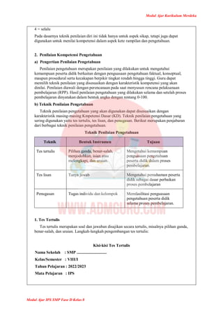 Modul Ajar Kurikulum Merdeka
Modul Ajar IPS SMP Fase D Kelas 8
4 = selalu
Pada dasarnya teknik penilaian diri ini tidak hanya untuk aspek sikap, tetapi juga dapat
digunakan untuk menilai kompetensi dalam aspek kete rampilan dan pengetahuan.
2. Penilaian Kompetensi Pengetahuan
a) Pengertian Penilaian Pengetahuan
Penilaian pengetahuan merupakan penilaian yang dilakukan untuk mengetahui
kemampuan peserta didik berkaitan dengan penguasaan pengetahuan faktual, konseptual,
maupun prosedural serta kecakapan berpikir tingkat rendah hingga tinggi. Guru dapat
memilih teknik penilaian yang disesuaikan dengan karakteristik kompetensi yang akan
dinilai. Penilaian diawali dengan perencanaan pada saat menyusun rencana pelaksanaan
pembelajaran (RPP). Hasil penilaian pengetahuan yang dilakukan selama dan setelah proses
pembelajaran dinyatakan dalam bentuk angka dengan rentang 0-100.
b) Teknik Penilaian Pengetahuan
Teknik penilaian pengetahuan yang akan digunakan dapat disesuaikan dengan
karakteristik masing-masing Kmpetensi Dasar (KD). Teknik penilaian pengetahuan yang
sering digunakan yaitu tes tertulis, tes lisan, dan penugasan. Berikut merupakan penjabaran
dari berbagai teknik penilaian pengetahuan.
Teknik Penilaian Pengetahuan
Teknik Bentuk Instrumen Tujuan
Tes tertulis Pilihan ganda, benar-salah,
menjodohkan, isian atau
melengkapi, dan uraian.
Mengetahui kemampuan
penguasaan pengetahuan
peserta didik dalam proses
pembelajaran.
Tes lisan Tanya jawab Mengetahui pemahaman peserta
didik sebagai dasar perbaikan
proses pembelajaran
Penugasan Tugas individu dan kelompok Memfasilitasi penguasaan
pengetahuan peserta didik
selama proses pembelajaran.
1. Tes Tertulis
Tes tertulis merupakan soal dan jawaban disajikan secara tertulis, misalnya pilihan ganda,
benar-salah, dan uraian. Langkah-langkah pengembangan tes tertulis:
Kisi-kisi Tes Tertulis
Nama Sekolah : SMP .............................
Kelas/Semester : VIII/I
Tahun Pelajaran : 2022/2023
Mata Pelajaran : IPS
 