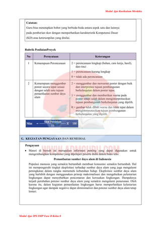 Modul Ajar Kurikulum Merdeka
Modul Ajar IPS SMP Fase D Kelas 8
Catatan:
Guru bisa menetapkan bobot yang berbeda-beda antara aspek satu dan lainnya
pada pemberian skor dengan memperhatikan karakteristik Kompetensi Dasar
(KD) atau keterampilan yang dinilai.
Rubrik PenilaianProyek
No Pernyataan Keterangan
1 Kemampuan Perencanaan 2 = perencanaan lengkap (bahan, cara kerja, hasil),
dan rinci
1 = perencanaan kurang lengkap
0 = tidak ada perencanaan
2 Kemampuan menggambar
poster secara tepat sesuai
dengan salah satu tujuan
pemanfaatan sumber daya
alam
2 = menggambar dan mewarnai poster dengan baik
dan interpretasi tujuan pembangunan
berkelanjutan dalam poster tepat.
1 = menggambar dan memberikan warna pada
poster tetapi salah dalam menginterpretasikan
tujuan pembangunan berkelanjutan yang dipilih.
0 = gambar tidak diberi warna dan tidak tepat dalam
menginterpretasikan tujuan pembangunan
berkelanjutan yang dipilih.
G. KEGIATAN PENGAYAAN DAN REMEDIAL
Pengayaan
 Materi di bawah ini merupakan informasi penting yang dapat digunakan untuk
mengembangkan kompetensi yang dipelajari peserta didik dalam buku teks.
Pemanfaatan sumber daya alam di Indonesia
Populasi manusia yang semakin bertambah membuat konsumsi semakin bertambah. Hal
ini mempengaruhi tingkat eksploitasi terhadap sumber daya alam yang juga mengalami
peningkatan dalam rangka memenuhi kebutuhan hidup. Eksploitasi sumber daya alam
yang berlebih dengan menggunakan prinsip maksimalisasi dan mengabaikan pelestarian
lingkungan dapat menyebabkan pencemaran dan kerusakan lingkungan. Dampaknya
terjadi perubahan potensi sumber daya alam yang semakin mengalami penurunan. Oleh
karena itu, dalam kegiatan pemanfaatan lingkungan harus memperhatikan kelestarian
lingkungan agar dampak negative dapat diminimalisir dan potensi sumber daya alam tetap
lestari.
 