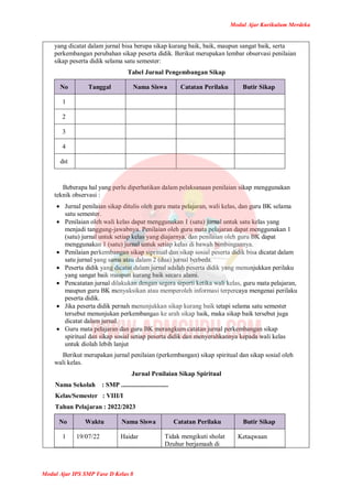 Modul Ajar Kurikulum Merdeka
Modul Ajar IPS SMP Fase D Kelas 8
yang dicatat dalam jurnal bisa berupa sikap kurang baik, baik, maupun sangat baik, serta
perkembangan perubahan sikap peserta didik. Berikut merupakan lembar observasi penilaian
sikap peserta didik selama satu semester:
Tabel Jurnal Pengembangan Sikap
No Tanggal Nama Siswa Catatan Perilaku Butir Sikap
1
2
3
4
dst
Beberapa hal yang perlu diperhatikan dalam pelaksanaan penilaian sikap menggunakan
teknik observasi :
 Jurnal penilaian sikap ditulis oleh guru mata pelajaran, wali kelas, dan guru BK selama
satu semester.
 Penilaian oleh wali kelas dapat menggunakan 1 (satu) jurnal untuk satu kelas yang
menjadi tanggung-jawabnya. Penilaian oleh guru mata pelajaran dapat menggunakan 1
(satu) jurnal untuk setiap kelas yang diajarnya, dan penilaian oleh guru BK dapat
menggunakan 1 (satu) jurnal untuk setiap kelas di bawah bimbingannya.
 Penilaian perkembangan sikap sipritual dan sikap sosial peserta didik bisa dicatat dalam
satu jurnal yang sama atau dalam 2 (dua) jurnal berbeda.
 Peserta didik yang dicatat dalam jurnal adalah peserta didik yang menunjukkan perilaku
yang sangat baik maupun kurang baik secara alami.
 Pencatatan jurnal dilakukan dengan segera seperti ketika wali kelas, guru mata pelajaran,
maupun guru BK menyaksikan atau memperoleh informasi terpercaya mengenai perilaku
peserta didik.
 Jika peserta didik pernah menunjukkan sikap kurang baik tetapi selama satu semester
tersebut menunjukan perkembangan ke arah sikap baik, maka sikap baik tersebut juga
dicatat dalam jurnal.
 Guru mata pelajaran dan guru BK merangkum catatan jurnal perkembangan sikap
spiritual dan sikap sosial setiap peserta didik dan menyerahkannya kepada wali kelas
untuk diolah lebih lanjut
Berikut merupakan jurnal penilaian (perkembangan) sikap spiritual dan sikap sosial oleh
wali kelas.
Jurnal Penilaian Sikap Spiritual
Nama Sekolah : SMP .............................
Kelas/Semester : VIII/I
Tahun Pelajaran : 2022/2023
No Waktu Nama Siswa Catatan Perilaku Butir Sikap
1 19/07/22 Haidar Tidak mengikuti sholat
Dzuhur berjamaah di
Ketaqwaan
 