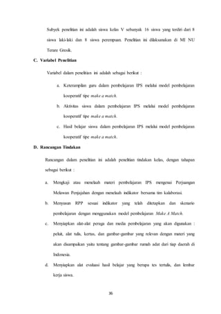 Subyek penelitian ini adalah siswa kelas V sebanyak 16 siswa yang terdiri dari 8 
siswa laki-laki dan 8 siswa perempuan. Penelitian ini dilaksanakan di MI NU 
36 
Terare Gresik. 
C. Variabel Penelitian 
Variabel dalam penelitian ini adalah sebagai berikut : 
a. Keterampilan guru dalam pembelajaran IPS melalui model pembelajaran 
kooperatif tipe make a match. 
b. Aktivitas siswa dalam pembelajaran IPS melalui model pembelajaran 
kooperatif tipe make a match. 
c. Hasil belajar siswa dalam pembelajaran IPS melalui model pembelajaran 
kooperatif tipe make a match. 
D. Rancangan Tindakan 
Rancangan dalam penelitian ini adalah penelitian tindakan kelas, dengan tahapan 
sebagai berikut : 
a. Mengkaji atau menelaah materi pembelajaran IPS mengenai Perjuangan 
Melawan Penjajahan dengan menelaah indikator bersama tim kalaborasi. 
b. Menyusun RPP sesuai indikator yang telah ditetapkan dan skenario 
pembelajaran dengan menggunakan model pembelajaran Make A Match. 
c. Menyiapkan alat-alat peraga dan media pembelajaran yang akan digunakan : 
peluit, alat tulis, kertas, dan gambar-gambar yang relevan dengan materi yang 
akan disampaikan yaitu tentang gambar-gambar rumah adat dari tiap daerah di 
Indonesia. 
d. Menyiapkan alat evaluasi hasil belajar yang berupa tes tertulis, dan lembar 
kerja siswa. 
 