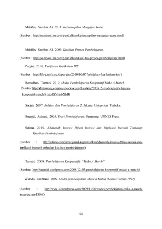 Muhidin, Sambas Ali. 2011. Keterampilan Mengajar Guru. 
(Sumber : http://sambasalim.com/pendidikan/keterampilan-mengajar-guru.html) 
Muhidin, Sambas Ali. 2009. Kualitas Proses Pembelajaran. 
(Sumber : http://sambasalim.com/pendidikan/kualitas-proses-pembelajaran.html) 
55 
Pargito. 2010. Kebijakan Kurikulum IPS. 
(Sumber : http://blog.unila.ac.id/pargito/2010/10/07/kebijakan-kurikulum- ips/) 
Ramadhan, Tarmizi. 2010. Model Pembelajaran Kooperatif Make A Match 
(Sumber:http://id.shvoong.com/social-sciences/education/2073915-model-pembelajaran-kooperatif- 
match/#ixzz1SVBp6XbB) 
Suciati. 2007. Belajar dan Pembelajaran 2. Jakarta: Universitas Terbuka. 
Sugandi, Achnad. 2005. Teori Pembelajaran. Semarang: UNNES Press. 
Sutisna. 2010. Khasanah Inovasi Difusi Inovasi dan Implikasi Inovasi Terhadap 
Kualitas-Pembelajaran 
(Sumber : http://sutisna.com/jurnal/jurnal-kependidikan/khasanah-inovasi-difusi-inovasi-dan-implikasi- 
inovasi-terhadap-kualitas-pembelajaran/) 
Tarmizi. 2008. Pembelajaran Kooperatife “Make A Match” 
(Sumber: http://tarmizi.wordpress.com/2008/12/03/pembelajaran-kooperatif-make-a-match/) 
Widodo, Rachmad. 2009. Model pembelajaran Make a Match (Lorna Curran,1994) 
(Sumber : http://wyw1d.wordpress.com/2009/11/06/model-pembelajaran-make-a-match-lorna- 
curran-1994/) 
