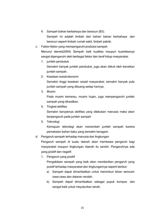 15
4. Sampah bahan berbahaya dan beracun (B3).
Sampah ini adalah limbah dari bahan bahan berbahaya dan
beracun seperti limbah rumah sakit, limbah pabrik.
c. Faktor-faktor yang mempengaruhi produksi sampah
Menurut slamet(2004) Sampah baik kualitas maupun kuantitasnya
sangat dipengaruhi oleh berbagai faktor dan taraf hidup masyarakat.
1. jumlah penduduk
Semakin banyak jumlah penduduk, juga akan diikuti oleh kenaikan
jumlah sampah.
2. Keadaan sosial ekonomi
Semakin tinggi keadaan sosial masyarakat, semakin banyak pula
jumlah sampah yang dibuang setiap harinya.
3. Musim
Pada musim kemarau, musim hujan, juga mempengaruhi jumlah
sampah yang dihasilkan.
4. Tingkat aktifitas
Semakin banyaknya aktifitas yang dilakukan manusia maka akan
berpengaruh pada jumlah sampah
5. Teknologi
Kemajuan teknologi akan menambah jumlah sampah karena
pemakaian bahan baku yang semakin beragam.
d. Pengaruh sampah terhadap manusia dan lingkungan
Pengaruh sampah di suatu daerah akan membawa pengaruh bagi
masyarakat maupun lingkungan daerah itu sendiri. Pengaruhnya ada
yang positif dan negatif.
1. Pengaruh yang positif
Pengelolaan sampah yang baik akan memberikan pengaruh yang
positif terhadap masyarakat dan lingkungannya seperti berikut:
a) Sampah dapat dimanfaatkan untuk menimbun lahan semcam
rawa-rawa dan dataran rendah.
b) Sampah dapat dimanfaatkan sebagai pupuk kompos dan
sangat baik untuk meyuburkan tanah.
 