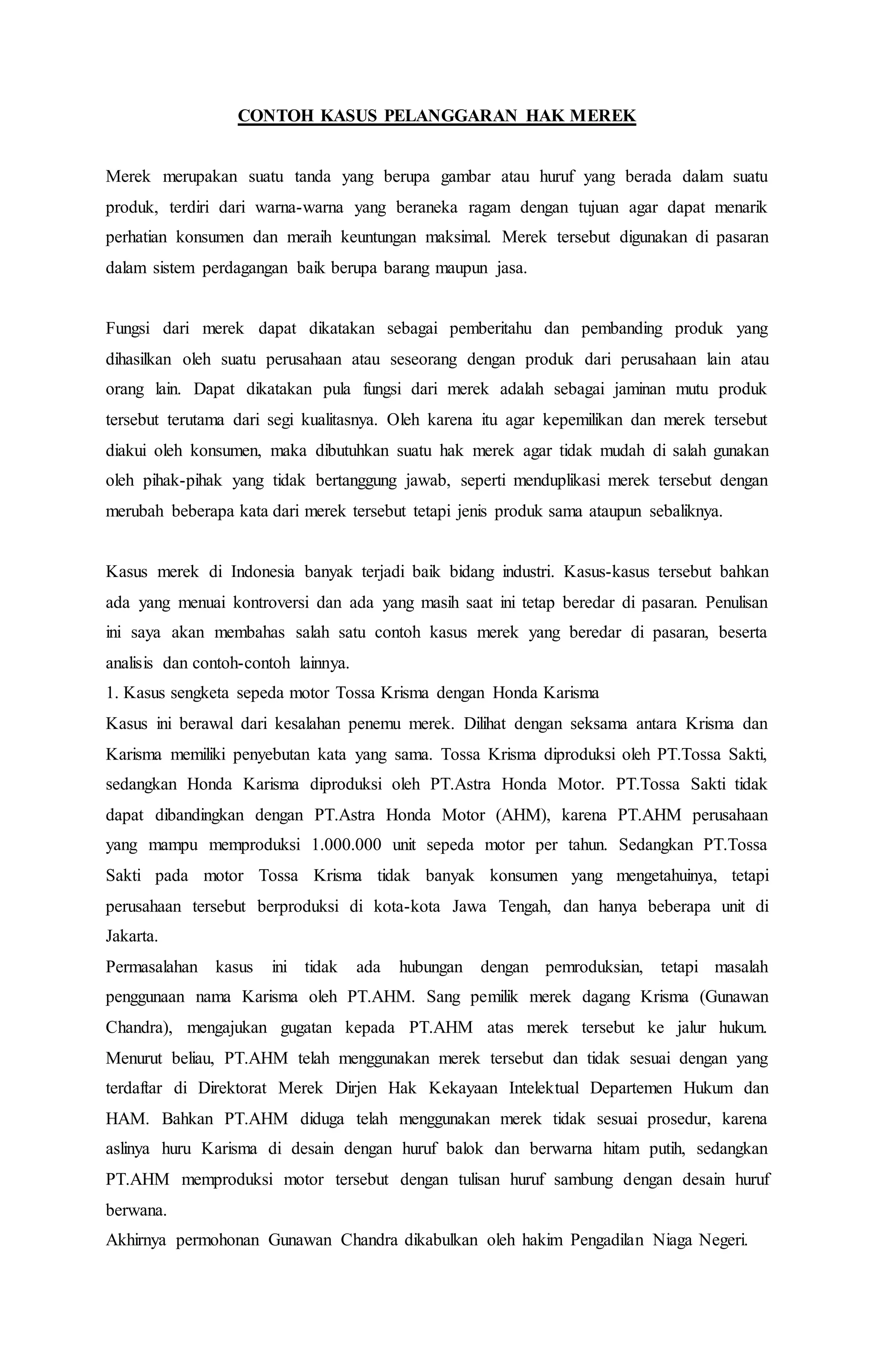 Contoh Kasus Pelanggaran Hak Merek Docx