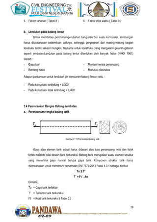 28
5. Faktor tahanan ( Tabel 8 ) 6. Faktor efek waktu ( Tabel 9 )
b. Lendutan pada batang lentur
Untuk membatasi perubahan-perubahan bangunan dari suatu konstruksi, sambungan
harus dilaksanakan sedemikian baiknya, sehingga pergeseran dari masing-masing bagian
kostruksi terdiri sekecil mungkin, terutama untuk konstruksi yang mengalami getaran-getaran
seperti jembatan.Lendutan pada batang lentur ditentukan oleh banyak factor (PKKI, 1961)
seperti :
- Gaya luar
- Bentang balok
- Momen inersia penampang
- Modulus elastisitas
Adapun persamaan untuk lendutan ijin komponen batang lentur yaitu :
- Pada konstruksi terlindung = L/300
- Pada konstruksi tidak terlindung = L/400
2.4 Perencanaan Rangka Batang Jembatan
a. Perencanaan rangka batang tarik
Gaya atau elemen tarik actual harus didasari atas luas penampang neto dan tidak
boleh melebihi nilai desain tarik terkoreksi. Batang tarik merupakan suatu eleman struktur
yang menerima gaya normal berupa gaya tarik. Komponen struktur tarik harus
direncanakan untuk memenuhi persamaan SNI 7973-2013 Pasal 4.3.1 sebagai berikut
Tu ≤ T’
T’ Ft’ . An
Dimana,
Tu = Gaya tarik terfaktor
T’ = Tahanan tarik terkoreksi
Ft’ = Kuat tarik terkoreksi ( Tabel 2 )
Gambar 2. 13 Permodelan batang tarik
 