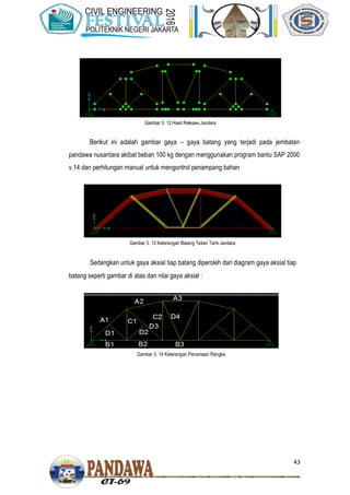 43
Berikut ini adalah gambar gaya – gaya batang yang terjadi pada jembatan
pandawa nusantara akibat beban 100 kg dengan menggunakan program bantu SAP 2000
v.14 dan perhitungan manual untuk mengontrol penampang bahan
Sedangkan untuk gaya aksial tiap batang diperoleh dari diagram gaya aksial tiap
batang seperti gambar di atas dan nilai gaya aksial :
Gambar 3. 14 Keterangan Penamaan Rangka
Gambar 3. 13 Keterangan Batang Tekan Tarik Jandara
Gambar 3. 12 Hasil Release Jandara
 
