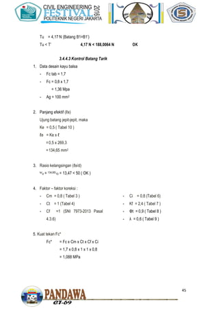 45
Tu = 4,17 N (Batang B1=B1’)
Tu < T’ 4,17 N < 188,0064 N OK
3.4.4.3 Kontrol Batang Tarik
1. Data desain kayu balsa
- Fc tab = 1,7
- Fc = 0,8 x 1,7
= 1,36 Mpa
- Ag = 100 mm2
2. Panjang efektif (ℓe)
Ujung batang jepit-jepit, maka
Ke = 0,5 ( Tabel 10 )
ℓe = Ke x ℓ
=0,5 x 269,3
=134,65 mm2
3. Rasio kelangsingan (ℓe/d)
le/d = 134,65/10 = 13,47 < 50 ( OK )
4. Faktor – faktor koreksi :
- Cm = 0,8 ( Tabel 3 )
- Ct = 1 (Tabel 4)
- Cf =1 (SNI 7973-2013 Pasal
4.3.6)
- Ci = 0,8 (Tabel 6)
- Kf = 2,4 ( Tabel 7 )
- Φt = 0,9 ( Tabel 8 )
- λ = 0,6 ( Tabel 9 )
5. Kuat tekan Fc*
Fc* = Fc x Cm x Ct x Cf x Ci
= 1,7 x 0,8 x 1 x 1 x 0,8
= 1,088 MPa
 