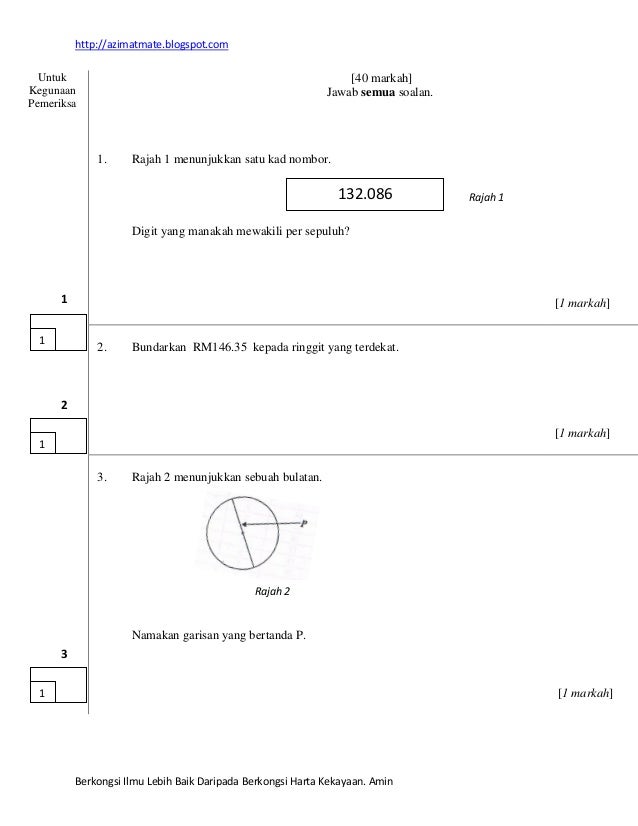 Contoh Matematik Kertas 2 dan 1 Markah