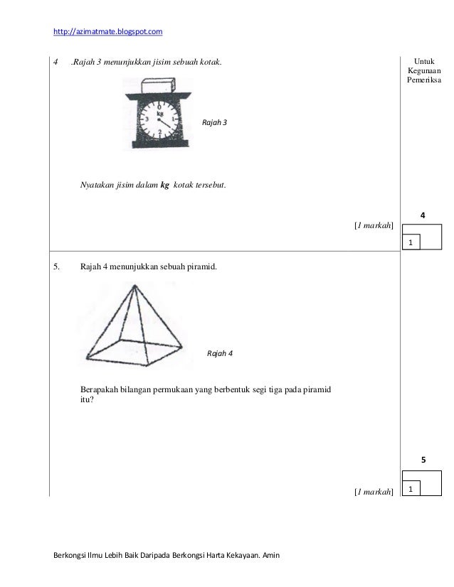 Contoh Matematik Kertas 2 dan 1 Markah