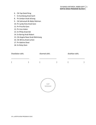 SK NANGA ANTAROH, 96800 KAPIT
KERTAS KERJA PROGRAM 3K/2010
5
VR…vr/KERTAS KERJA PROGRAM 3K 2010
6. Cik Yap Geok Peng
7. En Kumbong Anak Garit
8. Pn Umban Anak Achang
9. Cik Salinaisah Bt Abdul Rahman
10. Pn Lyndy Kisla Anak Gare
11. Pn Priscilla Gare
12. Pn Lina Indam
13. En Philip Anak Adi
14. En Baring Anak Robert
15. Cik Angela Nawi Anak Melintang
16. Cik Winny Anak Juntan
17. Pn Adeline Dewi
18. En Ricky Dom
Disediakan oleh; disemak oleh; disahkan oleh;
___________________ __________________ __________________
( ) ( ) ( )
COP
SEKOLAH
 