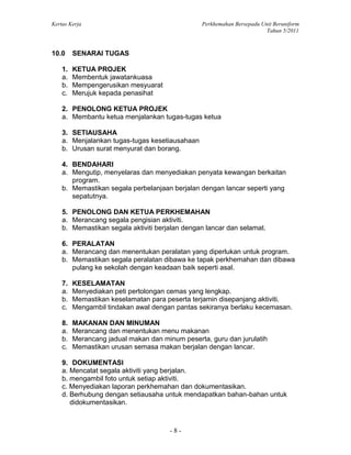 Kertas Kerja Perkhemahan Bersepadu Unit Beruniform
Tahun 5/2011
- 8 -
10.0 SENARAI TUGAS
1. KETUA PROJEK
a. Membentuk jawatankuasa
b. Mempengerusikan mesyuarat
c. Merujuk kepada penasihat
2. PENOLONG KETUA PROJEK
a. Membantu ketua menjalankan tugas-tugas ketua
3. SETIAUSAHA
a. Menjalankan tugas-tugas kesetiausahaan
b. Urusan surat menyurat dan borang.
4. BENDAHARI
a. Mengutip, menyelaras dan menyediakan penyata kewangan berkaitan
program.
b. Memastikan segala perbelanjaan berjalan dengan lancar seperti yang
sepatutnya.
5. PENOLONG DAN KETUA PERKHEMAHAN
a. Merancang segala pengisian aktiviti.
b. Memastikan segala aktiviti berjalan dengan lancar dan selamat.
6. PERALATAN
a. Merancang dan menentukan peralatan yang diperlukan untuk program.
b. Memastikan segala peralatan dibawa ke tapak perkhemahan dan dibawa
pulang ke sekolah dengan keadaan baik seperti asal.
7. KESELAMATAN
a. Menyediakan peti pertolongan cemas yang lengkap.
b. Memastikan keselamatan para peserta terjamin disepanjang aktiviti.
c. Mengambil tindakan awal dengan pantas sekiranya berlaku kecemasan.
8. MAKANAN DAN MINUMAN
a. Merancang dan menentukan menu makanan
b. Merancang jadual makan dan minum peserta, guru dan jurulatih
c. Memastikan urusan semasa makan berjalan dengan lancar.
9. DOKUMENTASI
a. Mencatat segala aktiviti yang berjalan.
b. mengambil foto untuk setiap aktiviti.
c. Menyediakan laporan perkhemahan dan dokumentasikan.
d. Berhubung dengan setiausaha untuk mendapatkan bahan-bahan untuk
didokumentasikan.
 