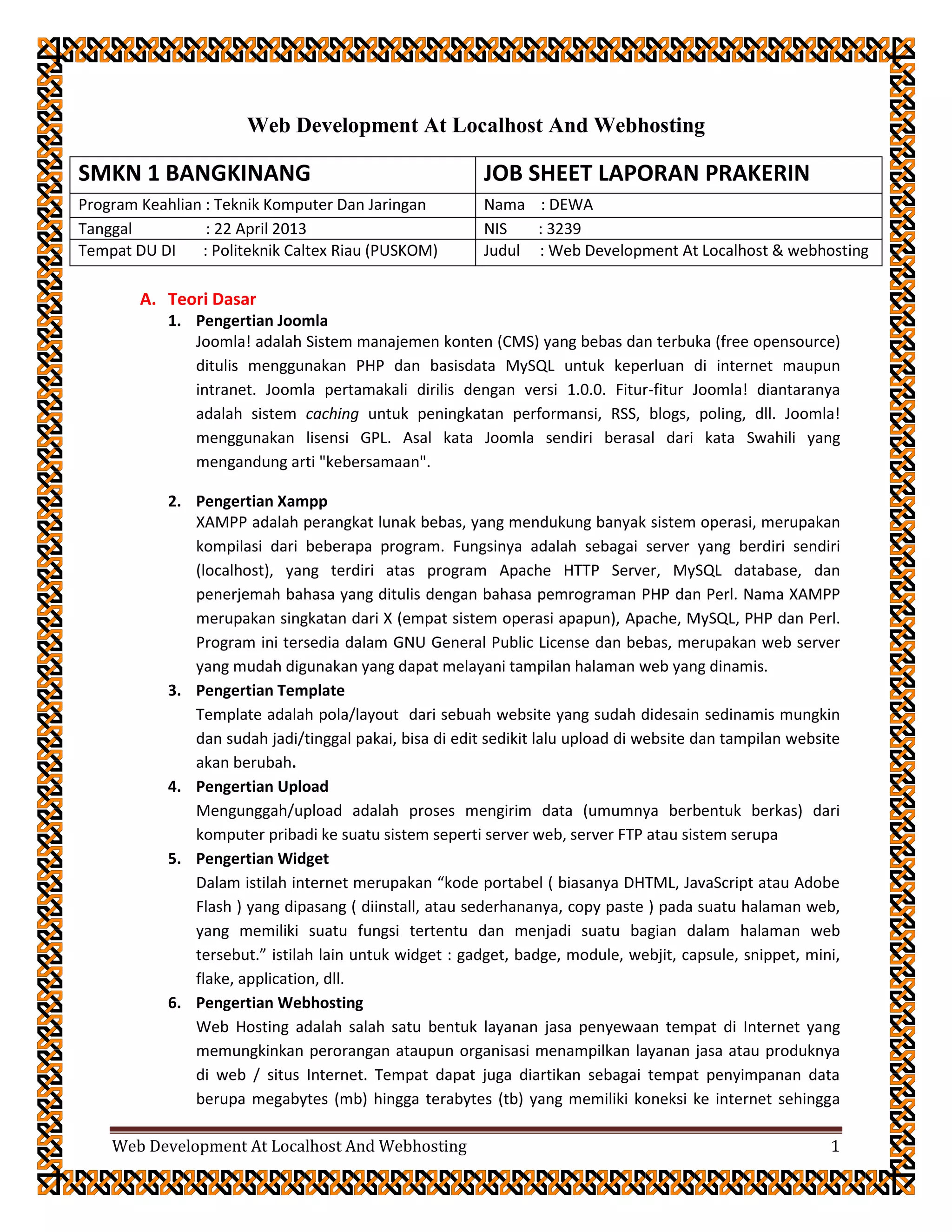 Contoh laporan job sheet magang smk | PDF