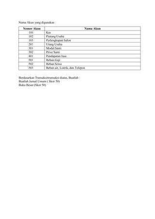 Nama Akun yang digunakan :
Nomor Akun Nama Akun
101 Kas
102 Piutang Usaha
103 Perlengkapan Salon
201 Utang Usaha
301 Modal Santi
302 Prive Santi
401 Pendapatan Jasa
501 Beban Gaji
502 Beban Sewa
503 Beban air, Listrik, dan Telepon
Berdasarkan Transaksittransaksi diatas, Buatlah :
Buatlah Jurnal Umum ( Skor 50)
Buku Besar (Skor 50)
 