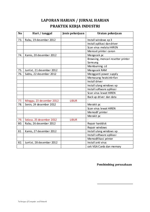 Contoh Jurnal Pkl