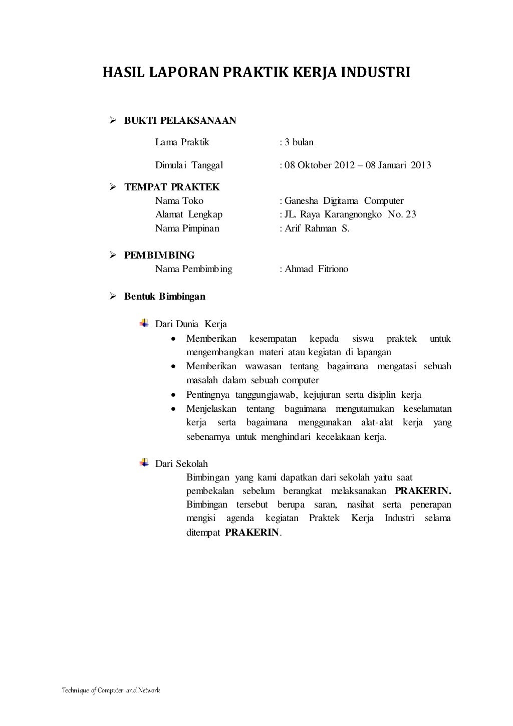 Contoh laporan prakerin tkj