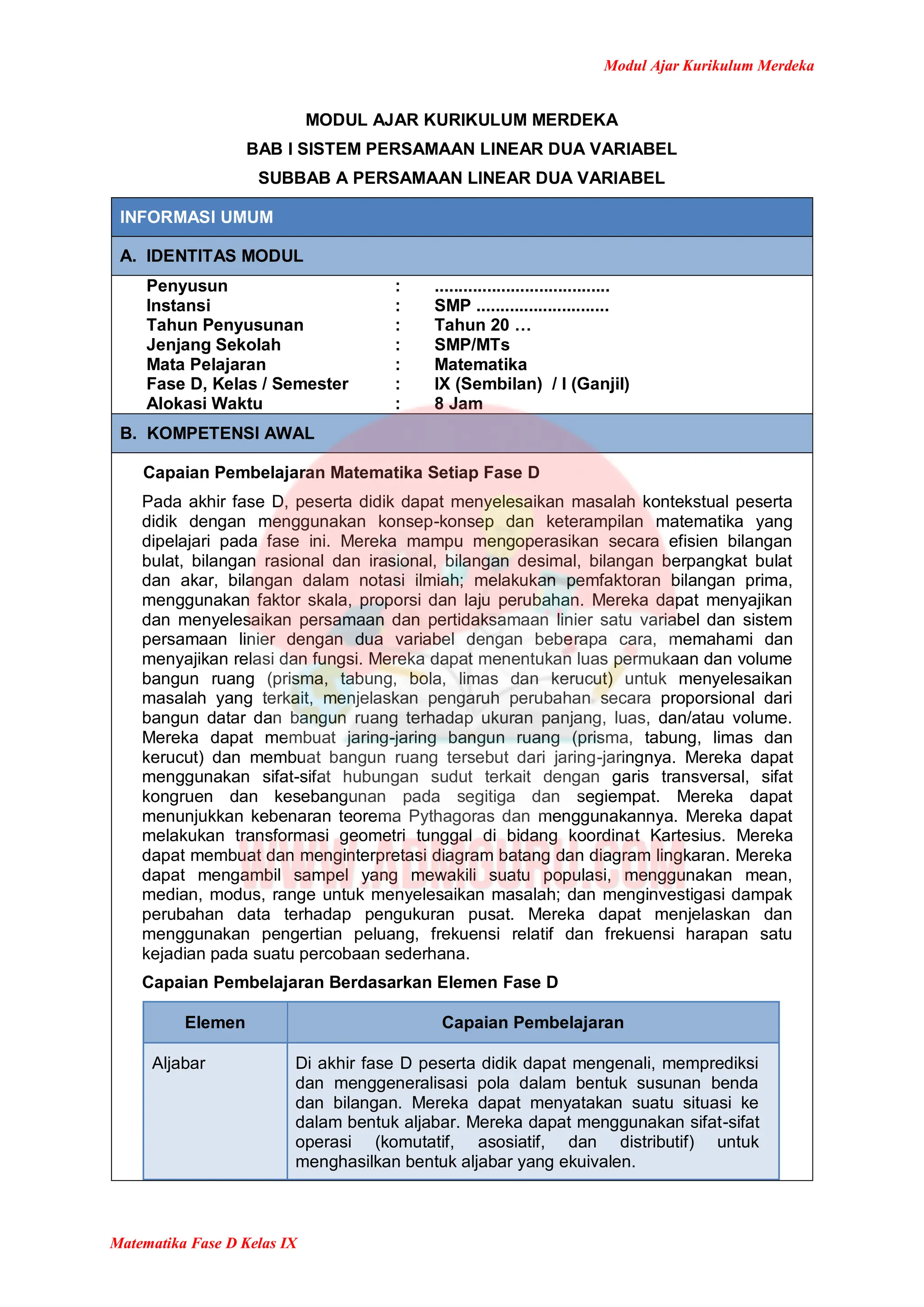 Modul Ajar Matematika Kelas 9 Kurikulum Merdeka | PDF