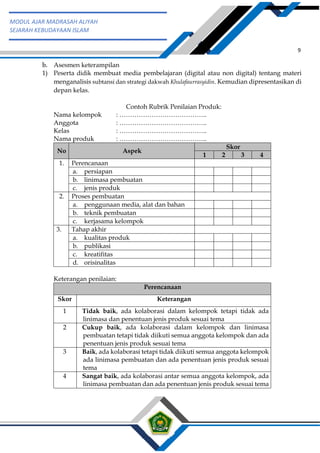 h
t
t
p
s
:
/
/
w
w
w
.
a
i
n
a
m
u
l
y
a
n
a
.
i
d
/
2
0
2
2
/
1
1
/
d
o
w
n
l
o
a
d
-
t
p
-
a
t
p
-
d
a
n
-
m
o
d
u
l
-
a
j
a
r
-
s
k
i
-
m
i
.
h
t
m
l
9
MODUL AJAR MADRASAH ALIYAH
SEJARAH KEBUDAYAAN ISLAM
b. Asesmen keterampilan
1) Peserta didik membuat media pembelajaran (digital atau non digital) tentang materi
menganalisis subtansi dan strategi dakwah Khulafaurrasyidin. Kemudian dipresentasikan di
depan kelas.
Contoh Rubrik Penilaian Produk:
Nama kelompok : …………………………………..
Anggota : …………………………………..
Kelas : …………………………………..
Nama produk : …………………………………..
No Aspek
Skor
1 2 3 4
1. Perencanaan
a. persiapan
b. linimasa pembuatan
c. jenis produk
2. Proses pembuatan
a. penggunaan media, alat dan bahan
b. teknik pembuatan
c. kerjasama kelompok
3. Tahap akhir
a. kualitas produk
b. publikasi
c. kreatifitas
d. orisinalitas
Keterangan penilaian:
Perencanaan
Skor Keterangan
1 Tidak baik, ada kolaborasi dalam kelompok tetapi tidak ada
linimasa dan penentuan jenis produk sesuai tema
2 Cukup baik, ada kolaborasi dalam kelompok dan linimasa
pembuatan tetapi tidak diikuti semua anggota kelompok dan ada
penentuan jenis produk sesuai tema
3 Baik, ada kolaborasi tetapi tidak diikuti semua anggota kelompok
ada linimasa pembuatan dan ada penentuan jenis produk sesuai
tema
4 Sangat baik, ada kolaborasi antar semua anggota kelompok, ada
linimasa pembuatan dan ada penentuan jenis produk sesuai tema
 