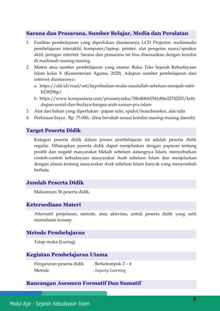 h
t
t
p
s
:
/
/
w
w
w
.
a
i
n
a
m
u
l
y
a
n
a
.
i
d
/
2
0
2
2
/
1
1
/
d
o
w
n
l
o
a
d
-
t
p
-
a
t
p
-
d
a
n
-
m
o
d
u
l
-
a
j
a
r
-
s
k
i
-
m
i
.
h
t
m
l
3
Sarana dan Prasarana, Sumber Belajar, Media dan Peralatan
1. Fasilitas pembelajaran yang diperlukan diantaranya LCD Projector, multimedia
pembelajaran interaktif, komputer/laptop, printer, alat pengeras suara/speaker
aktif, jaringan internet. Sarana dan prasarana ini bisa disesuaikan dengan kondisi
di madrasah masing-masing.
2. Materi atau sumber pembelajaran yang utama: Buku Teks Sejarah Kebudayaan
Islam kelas X (Kementerian Agama, 2020). Adapun sumber pembelajaran dari
internet diantaranya :
a. https://alif.id/read/snt/kepribadian-mulia-rasulullah-sebelum-menjadi-nabi-
b238296p/
b. https://www.kompasiana.com/prasastyaeka/5ffe468dd541df6e227422f3/kehi
dupan-sosial-dan-budaya-bangsa-arab-zaman-pra-islam
3. Alat dan bahan yang diperlukan : papan tulis, spidol/boardmarker, alat tulis
4. Perkiraan biaya : Rp. 75.000,- (bisa berubah sesuai kondisi masing-masing daerah)
Target Peserta Didik
Kategori peserta didik dalam proses pembelajaran ini adalah peserta didik
regular. Diharapkan peserta didik dapat menjelaskan dengan paparan tentang
positif dan negatif masyarakat Mekah sebelum datangnya Islam, menyebutkan
contoh-contoh kebudayaan masyarakat Arab sebelum Islam dan menjelaskan
dengan alasan tentang masyarakat Arab sebelum Islam banyak yang menyembah
berhala.
Jumlah Peserta Didik
Maksimum 36 peserta didik.
Ketersediaan Materi
Alternatif penjelasan, metode, atau aktivitas, untuk peserta didik yang sulit
memahami konsep.
Metode Pembelajaran
Tatap muka (Luring)
Kegiatan Pembelajaran Utama
Pengaturan peserta didik : Berkelompok 2 – 4
Metode : Inquiry Learning
Rancangan Asesmen Formatif Dan Sumatif
 