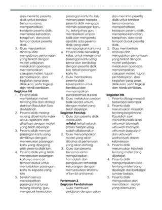 h
t
t
p
s
:
/
/
w
w
w
.
a
i
n
a
m
u
l
y
a
n
a
.
i
d
/
2
0
2
2
/
1
1
/
d
o
w
n
l
o
a
d
-
t
p
-
a
t
p
-
d
a
n
-
m
o
d
u
l
-
a
j
a
r
-
s
k
i
-
m
i
.
h
t
m
l
M I S I D A N S T R A T E G I D A K W A H R A S U L U L L A H S A W . D I M A D I N A H U N T U K
M E N U M B U H K A N S I K A P U K H U W A H I S L A M I Y A H , U K H U W A H I N S A N I Y A H ,
dan meminta peserta
didik untuk berdoa
bersama-sama,
memperhatikan
kesiapan peserta didik,
memeriksa kehadiran,
kerapihan, dan posisi
tempat duduk peserta
didik.
2. Guru memberikan
motivasi dan
mengajukan pertanyaan
yang terkait dengan
materi pelajaran,
melakukan apersepsi,
menyampaikan
cakupan materi, tujuan
pembelajaran, dan
kegiatan yang akan
dilakukan, serta lingkup
dan teknik penilaian.
Kegiatan Inti
1. Peserta didik
mempelajari materi
tentang misi dan strategi
dakwah Rasulullah Saw
di Madinah
2. Peserta didik masing-
masing diberi kartu index
untuk dipahami dan
dikaitkan dengan materi
yang telah dipelajari
3. Peserta didik mencari
pasangan kartu yang
dimilikinya dengan
menemukan pasangan
kartu yang dipegang
oleh peserta didik lain.
4. Peserta didik yang telah
menemukan pasangan
kartunya mencari
tempat duduk untuk
menunjukkan pasangan
kartu itu kepada yang
lain
5. Setelah semua
mendapatkan
pasangan kartunya
masing-masing, guru
mengecek kesesuaian
pasangan kartu itu, lalu
menanyakan kepada
peserta didik mengapa
memilih pasangan kartu
itu, selanjutnya guru
memberikan umpan
balik dan mengoreksi
apabila ada peserta
didik yang salah
memasangkan kartunya
6. Peserta didik berkeliling
kelas, untuk mengetahui
pasangan kartu yang
benar dan berdialog
dengan peserta didik
lain terkait pasangan
kartu itu.
7. Guru memberikan
peserta didik
kesempatan untuk
berdiskusi dan
menyampaikan
pendapatnya di kelas
8. Guru melakukan umpan
balik secara umum,
dengan materi yang
telah dipelajari.
Kegiatan Penutup
1. Guru dan peserta didik
melakukan
refleksi terkait seluruh
proses belajar yang
sudah dilaksanakan
2. Guru menyampaikan
materi yang akan
dibahas di pertemuan
yang akan datang
3. Guru dan peserta
bersama-sama
mengucapkan
hamdalah dan
pengakuan terhadap
kekurangan dengan
menyebutkan Wallahu
A’lam bi al-shawab
Pertemuan 3
Kegiatan Pendahuluan
1. Guru membuka
pelajaran dengan salam
dan meminta peserta
didik untuk berdoa
bersama-sama,
memperhatikan
kesiapan peserta didik,
memeriksa kehadiran,
kerapihan, dan posisi
tempat duduk peserta
didik.
2. Guru memberikan
motivasi dan
mengajukan pertanyaan
yang terkait dengan
materi pelajaran,
melakukan apersepsi,
menyampaikan
cakupan materi, tujuan
pembelajaran, dan
kegiatan yang akan
dilakukan, serta lingkup
dan teknik penilaian.
Kegiatan Inti
1. Peserta dibagi menjadi
beberapa kelompok
2. Peserta didik
merumuskan masalah
tentang bagaimana
Rasulullah saw.
menumbuhkan sikap
ukhuwah Islamiyah,
ukhuwah Insaniyah,
ukhuwah basyariyah
dan ukhuwah
wathoniyah dalam
kebinekaan
3. Peserta didik
merumuskan hipotesis
tentang materi yang
dipelajari
4. Peserta didik
mengumpulkan data
tentang materi yang
dipelajari dari berbagai
sumber belajar.
5. Peserta didik
menguraikan dan
menafsirkan materi
yang ditemukan.
 