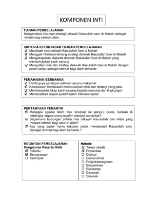 h
t
t
p
s
:
/
/
w
w
w
.
a
i
n
a
m
u
l
y
a
n
a
.
i
d
/
2
0
2
2
/
1
1
/
d
o
w
n
l
o
a
d
-
t
p
-
a
t
p
-
d
a
n
-
m
o
d
u
l
-
a
j
a
r
-
s
k
i
-
m
i
.
h
t
m
l
PERTANYAAN PEMANTIK
 Mengapa agama Islam bisa tersebar ke penjuru dunia, bahkan di
beberapa negara orang muslim menjadi mayoritas?
 Bagiamana hubungan antara misi dakwah Rasulullah dan Islam yang
menjadi rahmat bagi seluruh alam?
 Apa yang sudah kamu lakukan untuk meneladani Rasulullah saw.
Sebagai rahmat bagi alam semesta ?
KEGIATAN PEMBELAJARAN
Pengaturan Peserta Didik
 Individu
 Berpasangan
 Kelompok
Metode
 Tanya Jawab
 Presentasi
 Diskusi
 Demonstrasi
 Project/penugasan
 Eksperimen
 Eksplorasi
 Ceramah
 Simulasi
√
√
PEMAHAMAN BERMAKNA
 Pentingnya persiapan dakwah secara maksimal
 Kesuksesan berdakwah membutuhkan misi dan strategi yang jelas
 Membiasakan sikap kasih sayang kepada manusia dan lingkungan
 Menampilkan respon positif dalam interaksi sosial
KOMPONEN INTI
√
TUJUAN PEMBELAJARAN
Menganalisis misi dan strategi dakwah Rasulullah saw. di Mekah sebagai
rahmat bagi seluruh alam
√
√
√
√
√
√
√
√
√
KRITERIA KETUNTASAN TUJUAN PEMBELAJARAN
 Menelaah misi dakwah Rasulullah Saw di Mekah
 Menggali informasi tentang strategi dakwah Rasulullah Saw di Mekah
 Mengeksplorasi dakwah-dakwah Rasulullah Saw di Mekah yang
mendahulukan kasih sayang
 Mengaitkan misi dan strategi dakwah Rasulullah Saw di Mekah dengan
peran beliau sebagai rahmat bagi alam semesta
√
√
√
√
 