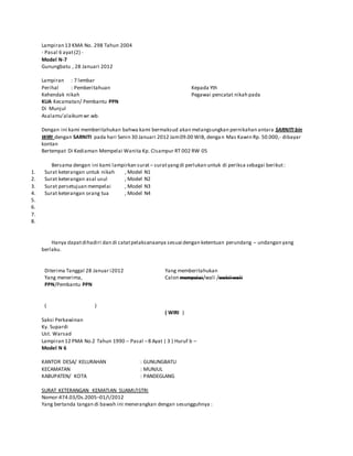 Lampiran 13 KMA No. 298 Tahun 2004
- Pasal 6 ayat(2) -
Model N-7
Gunungbatu , 28 Januari 2012
Lampiran : 7 lembar
Perihal : Pemberitahuan Kepada Yth
Kehendak nikah Pegawai pencatat nikah pada
KUA Kecamatan/ Pembantu PPN
Di Munjul
Asalamu’alaikumwr.wb.
Dengan ini kami memberitahukan bahwa kami bermaksud akan melangsungkan pernikahan antara SARNITI bin
WIRI dengan SARNITI pada hari Senin 30 Januari 2012 Jam09.00 WIB, dengan Mas Kawin Rp. 50.000,- dibayar
kontan
Bertempat Di Kediaman Mempelai Wanita Kp. CIsampur RT 002 RW 05
Bersama dengan ini kami lampirkan surat – suratyangdi perlukan untuk di periksa sebagai berikut:
1. Surat keterangan untuk nikah , Model N1
2. Surat keterangan asal usul , Model N2
3. Surat persetujuan mempelai , Model N3
4. Surat keterangan orang tua , Model N4
5. KTP Calon Suami 3 Lembar
6. Akte Kelahiran
7. Rekomendasi KUA Kecamatan Bantar Gadung
8. Kartu Keluarga
Hanya dapatdihadiri dan di catatpelaksanaanya sesuai dengan ketentuan perundang – undangan yang
berlaku.
Diterima Tanggal 28 Januar i2012
Yang menerima,
PPN/Pembantu PPN
( )
Yang memberitahukan
Calon mempelai/wali /wakil wali
( WIRI )
Saksi Perkawinan
Ky. Supardi
Ust. Warsad
Lampiran 12 PMA No.2 Tahun 1990 – Pasal –8 Ayat ( 3 ) Huruf b –
Model N 6
KANTOR DESA/ KELURAHAN : GUNUNGBATU
KECAMATAN : MUNJUL
KABUPATEN/ KOTA : PANDEGLANG
SURAT KETERANGAN KEMATIAN SUAMI/ISTRI
Nomor:474.03/Ds.2005–01/I/2012
Yang bertanda tangan di bawah ini menerangkan dengan sesungguhnya :
 
